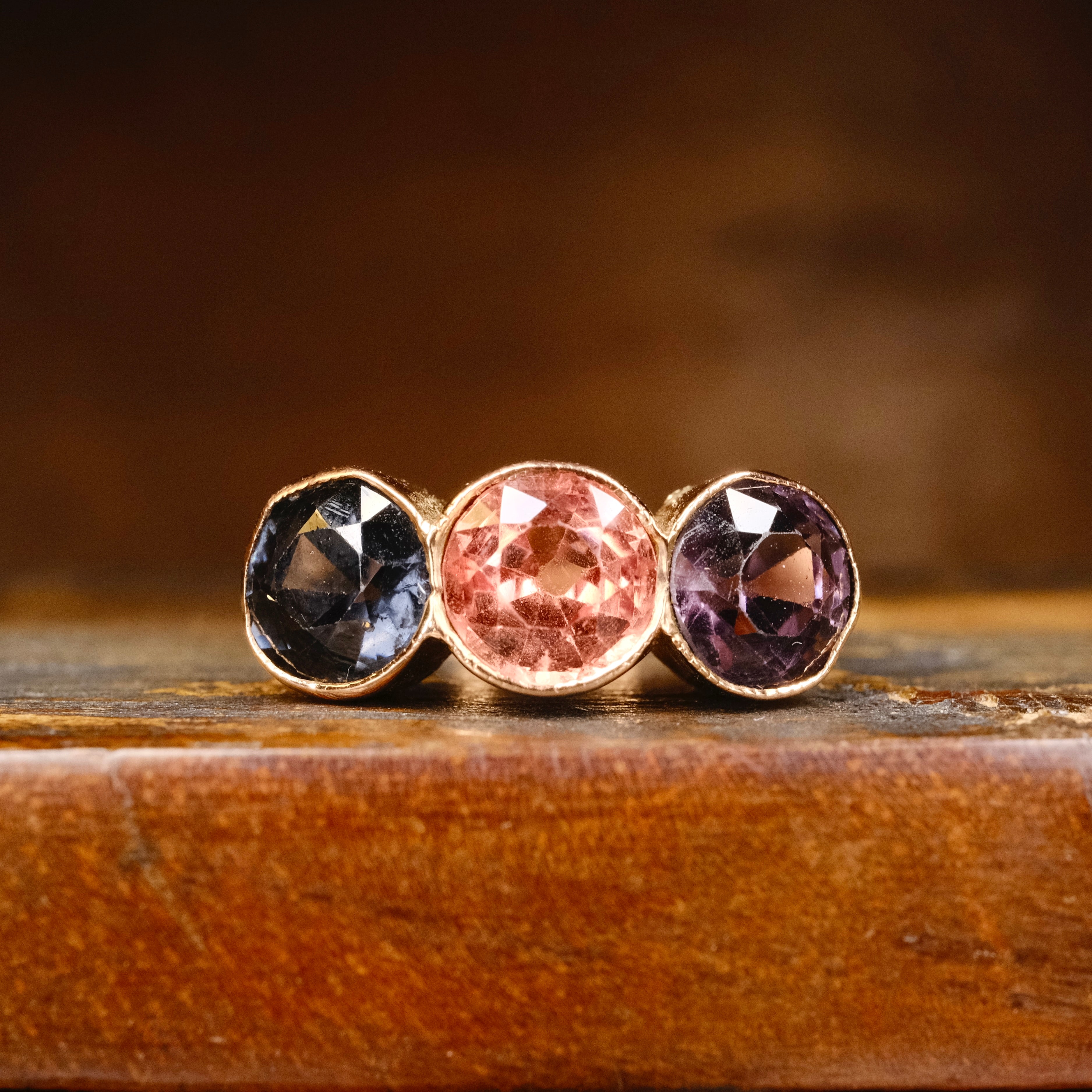 Antique, 9ct Gold, Bezel Set Topaz Trilogy ring