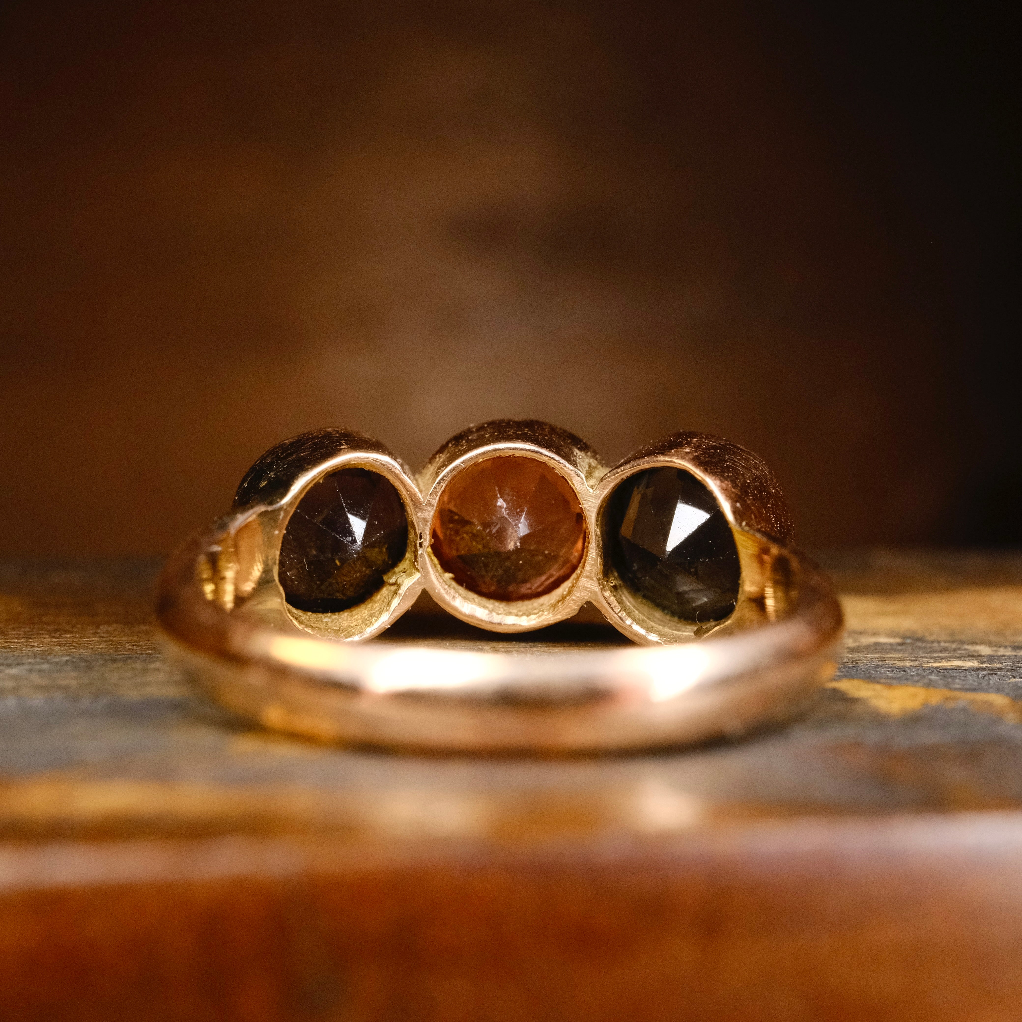 Antique, 9ct Gold, Bezel Set Topaz Trilogy ring
