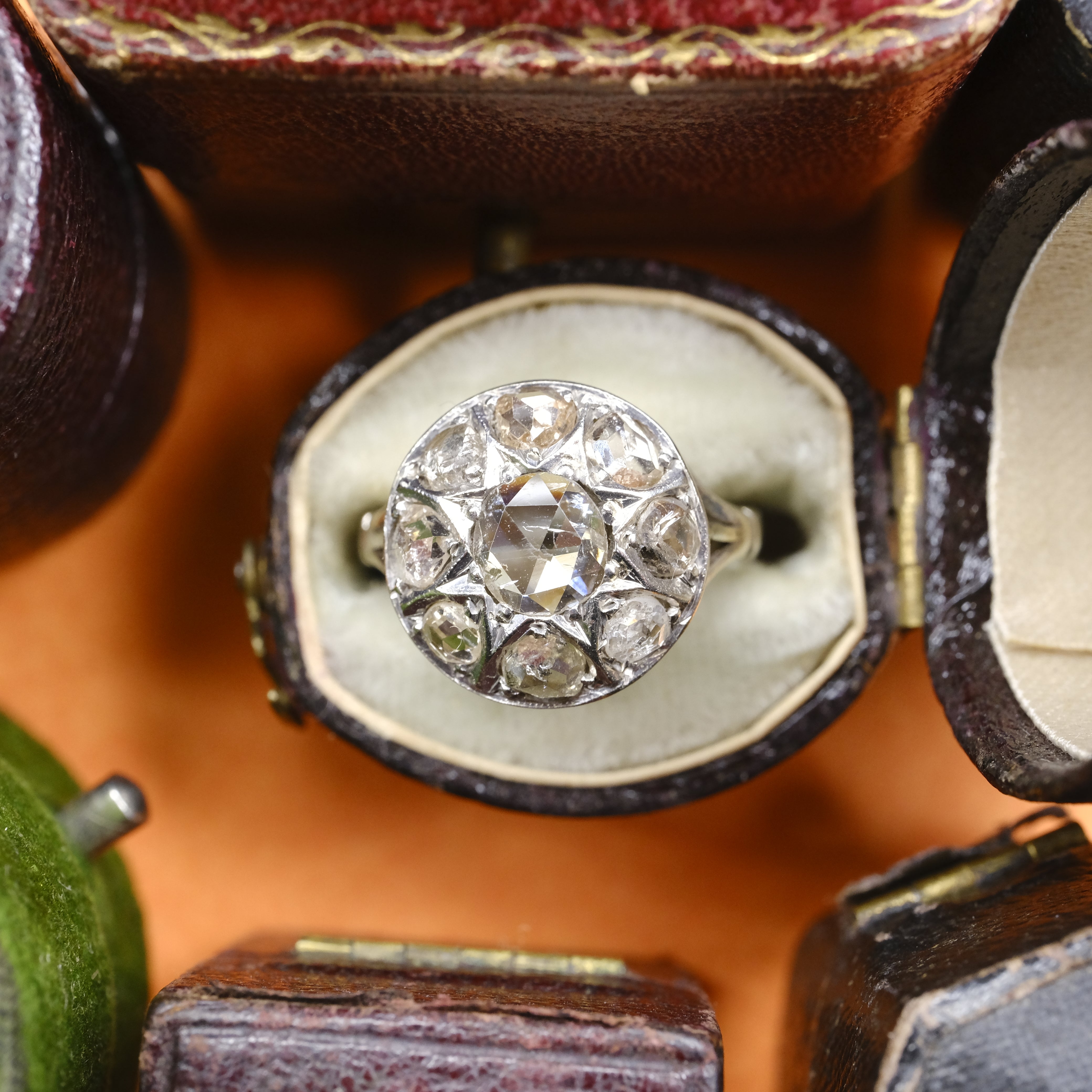 Antique, Rose Cut Diamond White Gold Cluster Ring