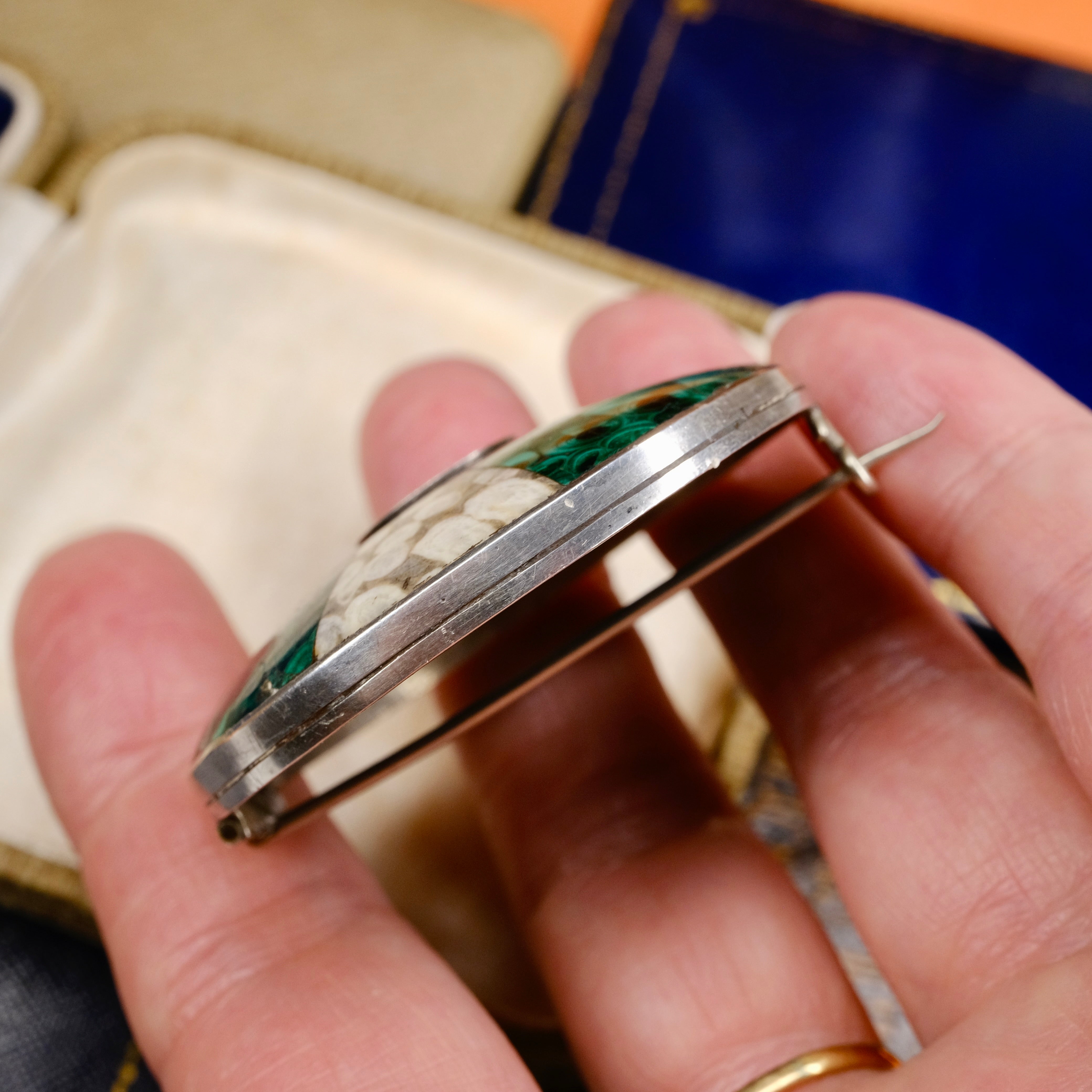 Victorian, Large Silver Scottish Malachite & Jasper Brooch