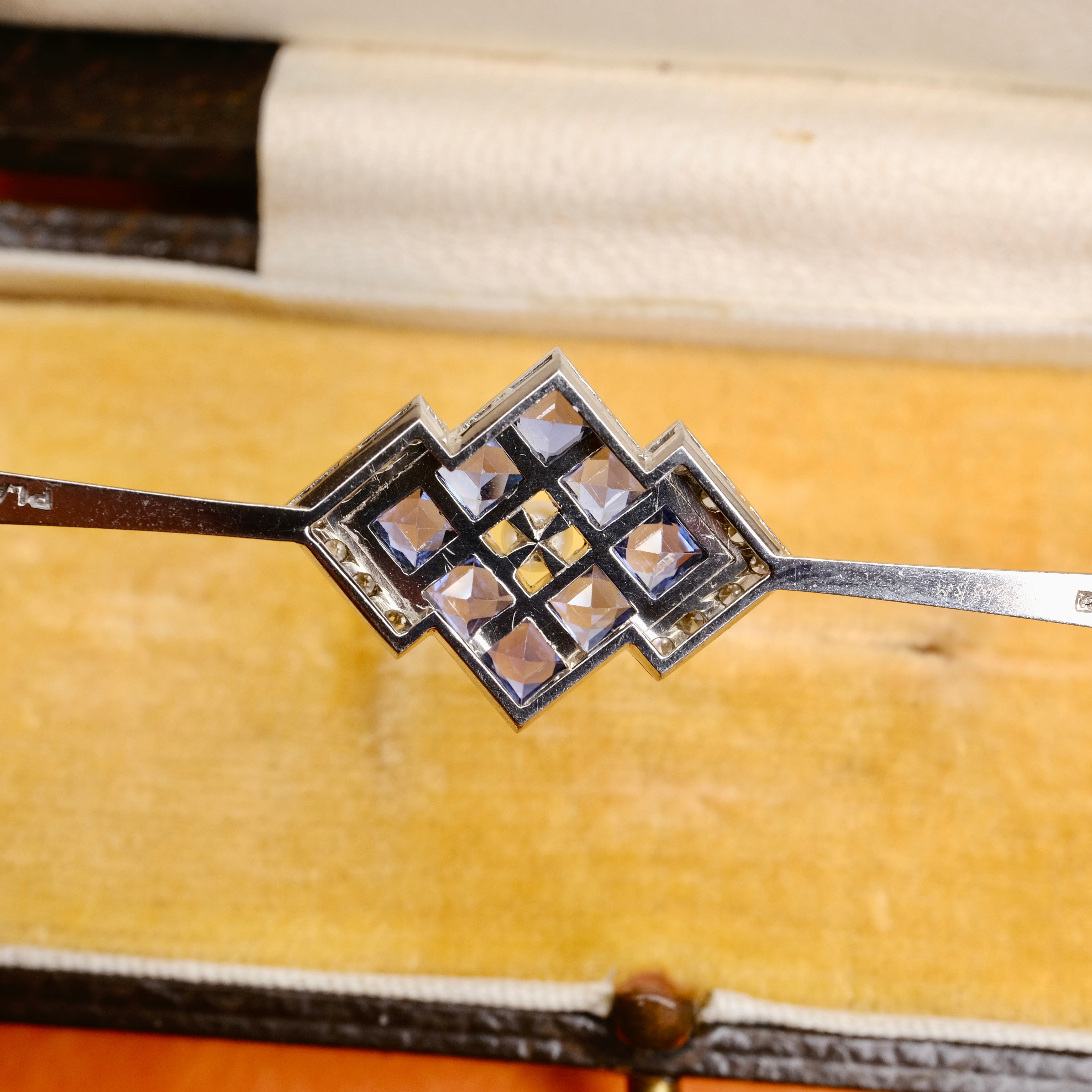 Original Art deco, 9ct Gold, Platinum, Diamond & Synthetic Sapphire Bar Brooch In Original Case