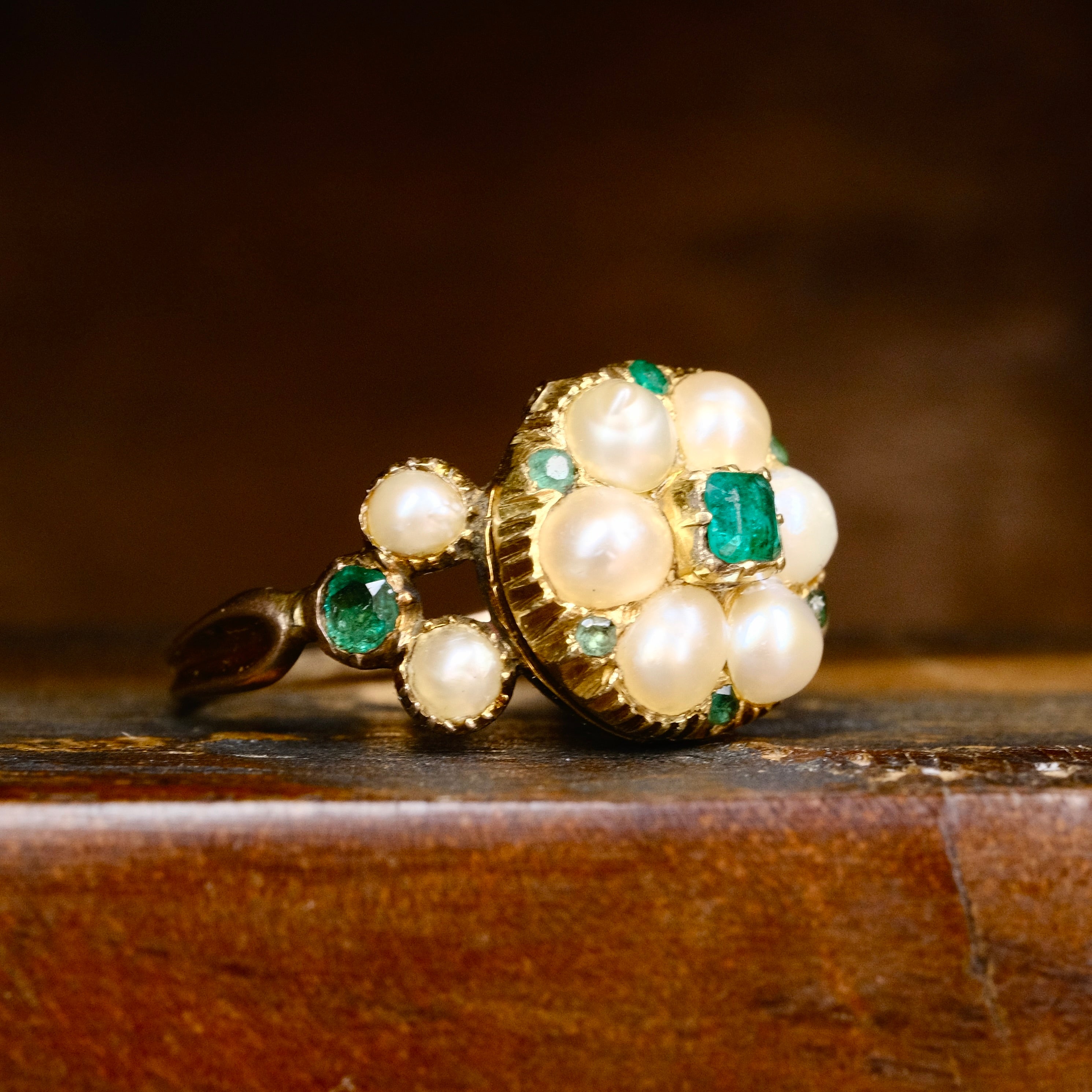 Antique, Georgian Gold Locket Ring With Emeralds & Pearls
