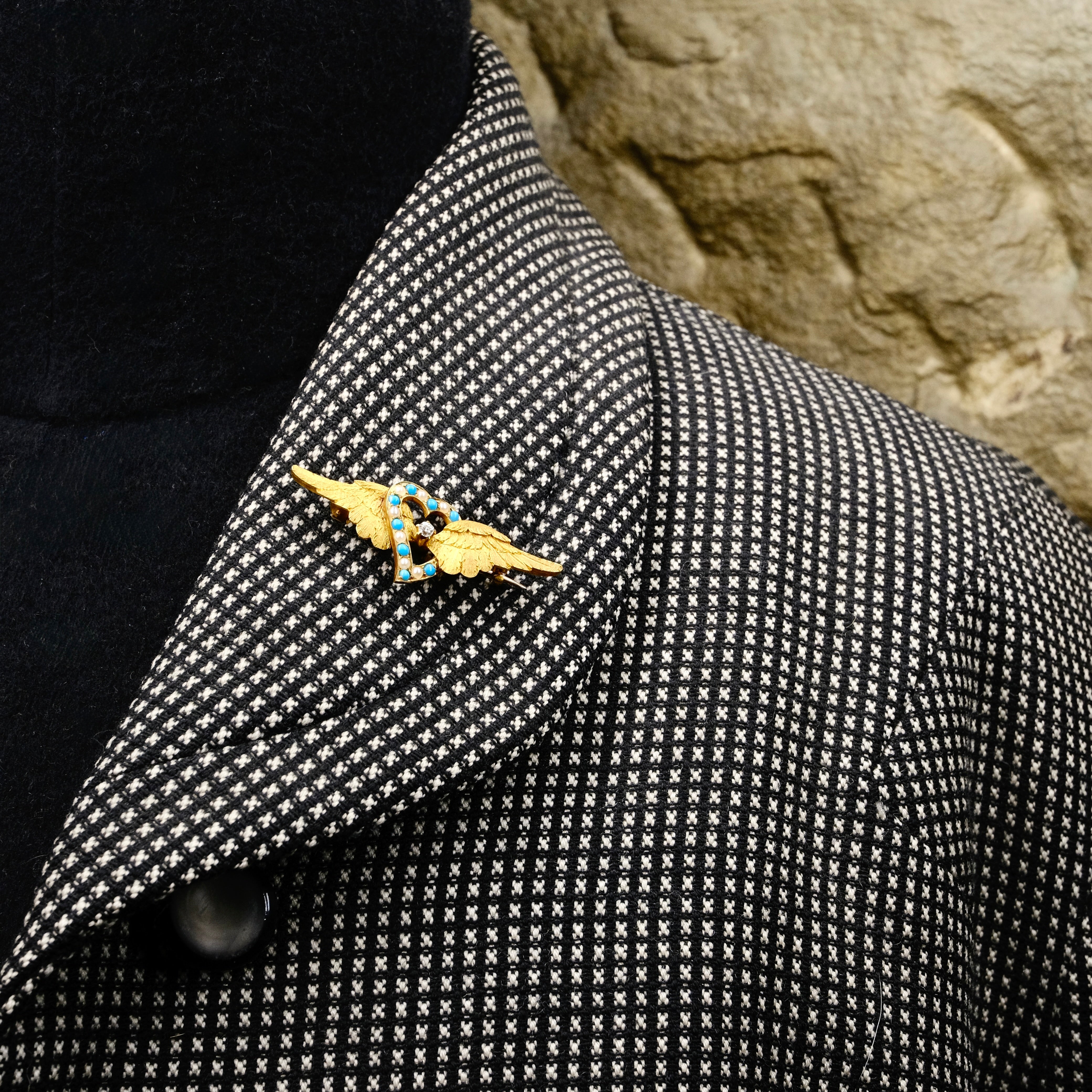 Victorian, 15ct Gold, Old Cut Diamond, Turquoise & Pearl Angel Wings, Witches Heart Brooch