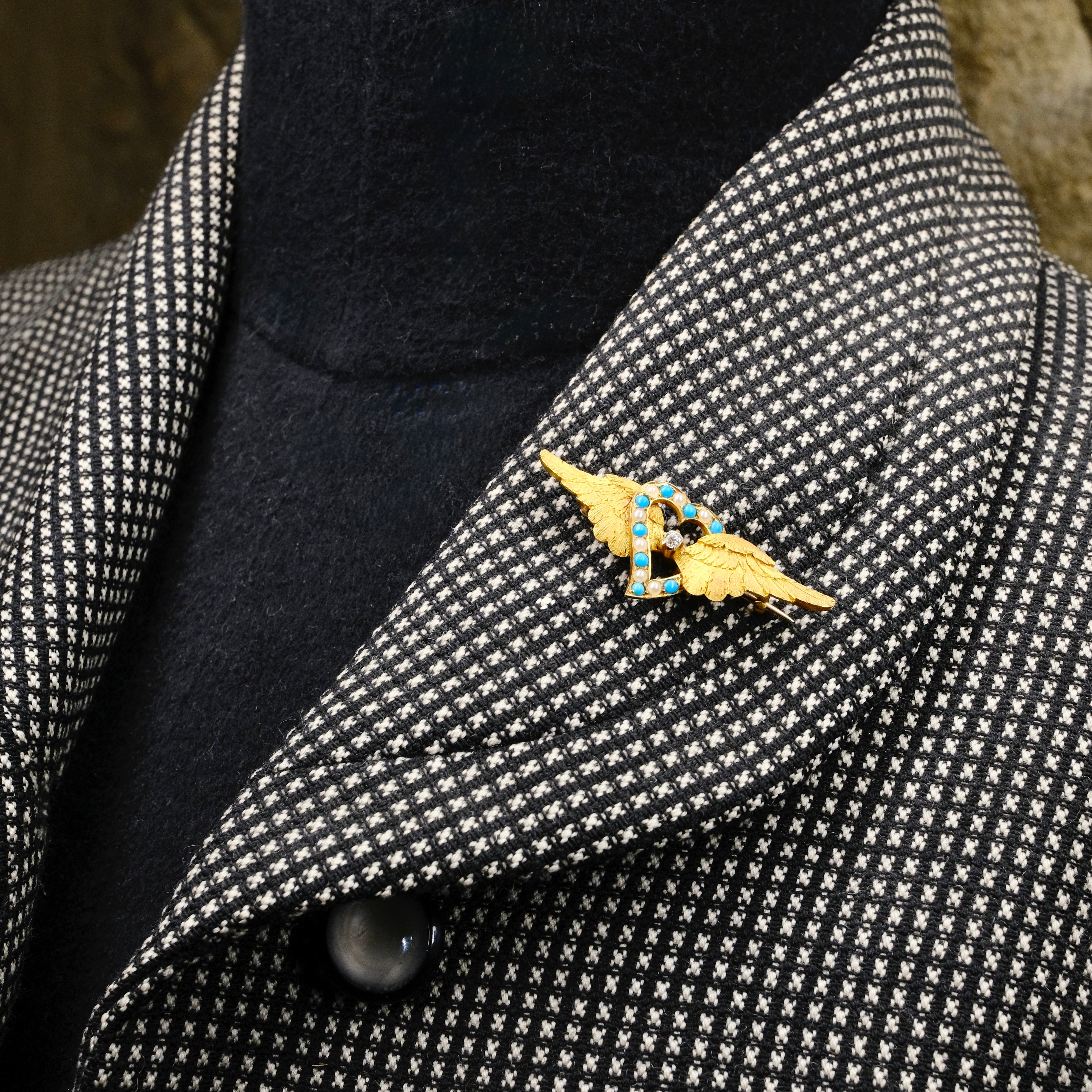 Victorian, 15ct Gold, Old Cut Diamond, Turquoise & Pearl Angel Wings, Witches Heart Brooch