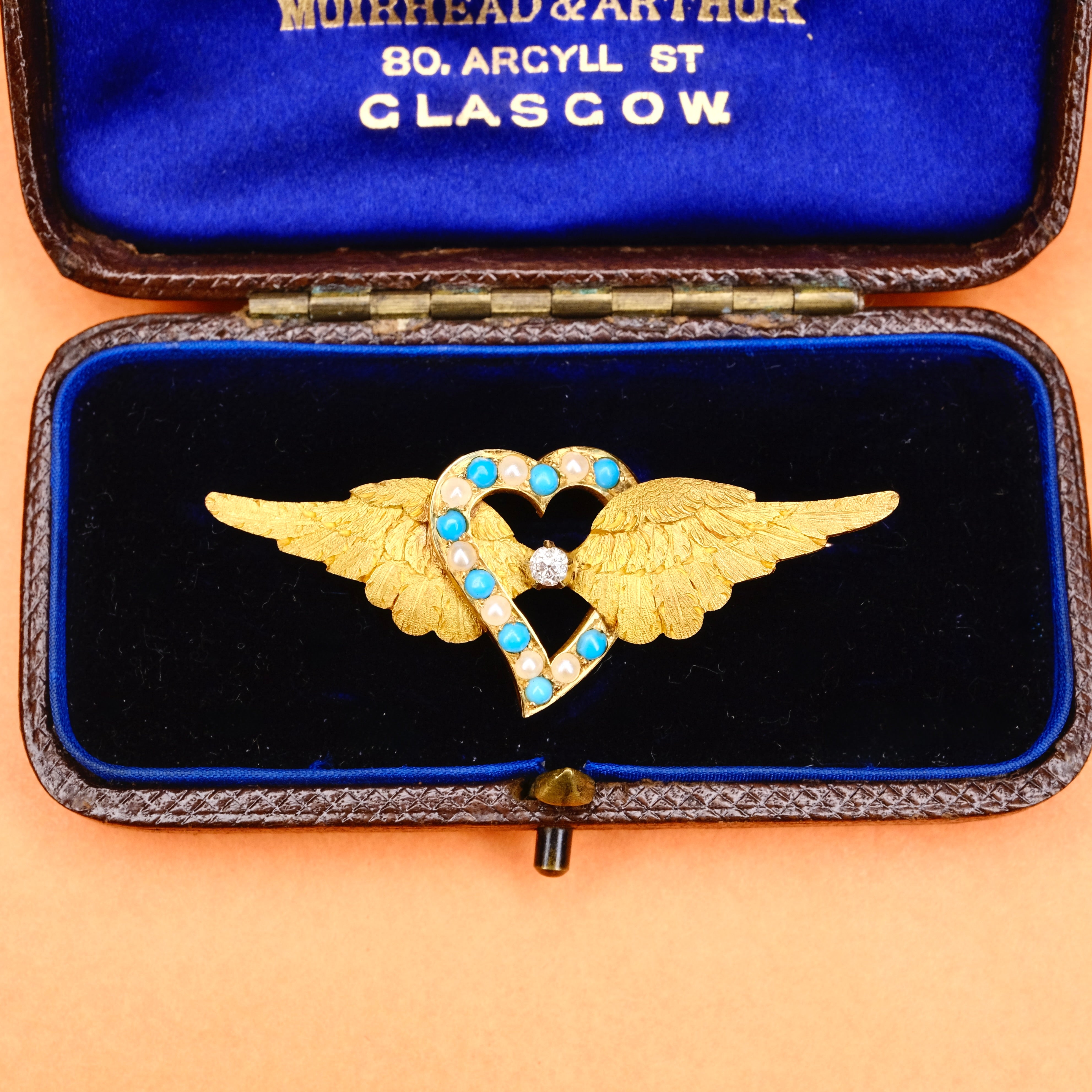 Victorian, 15ct Gold, Old Cut Diamond, Turquoise & Pearl Angel Wings, Witches Heart Brooch