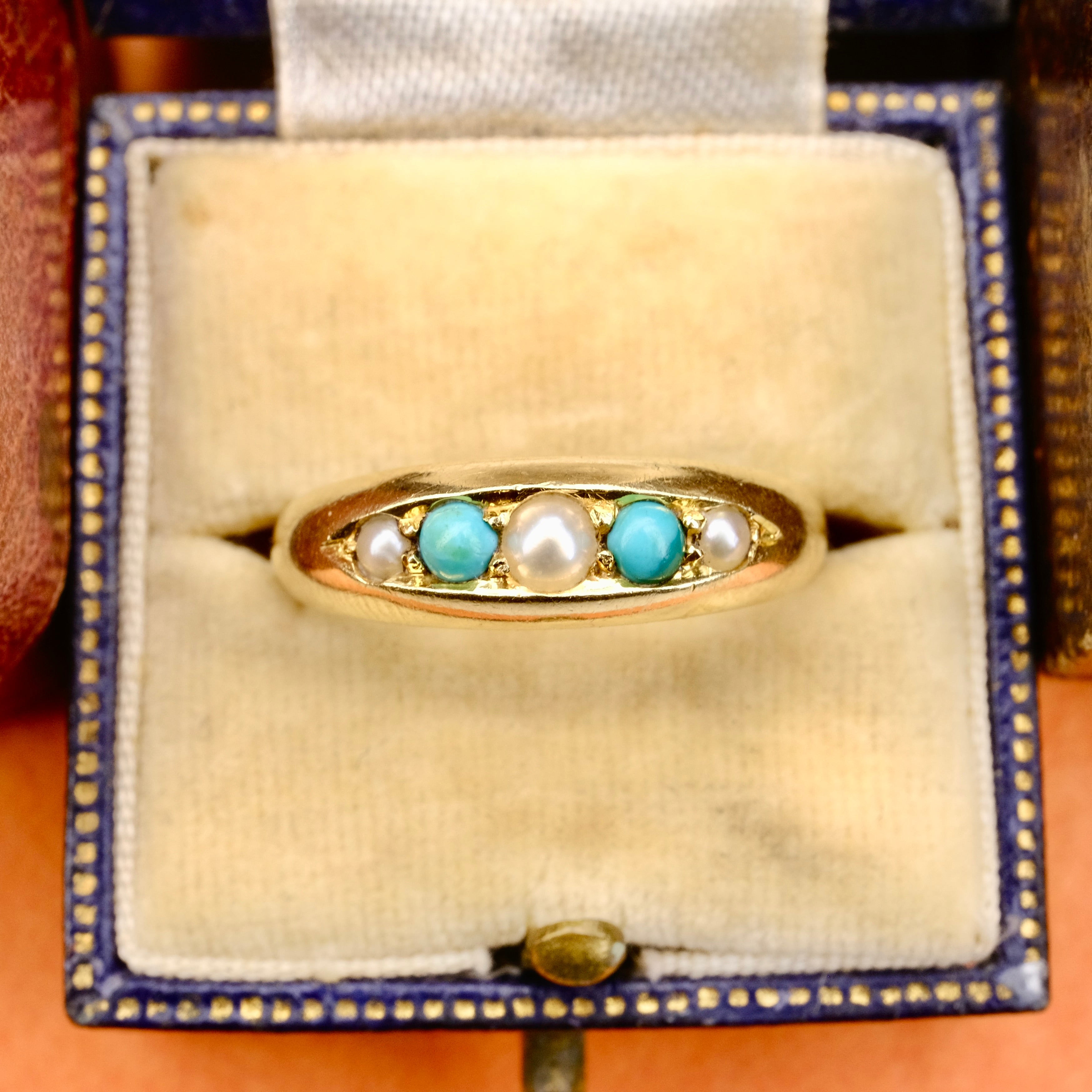 Antique Victorian 18ct Gold, Turquoise & Pearl Boat Set Ring