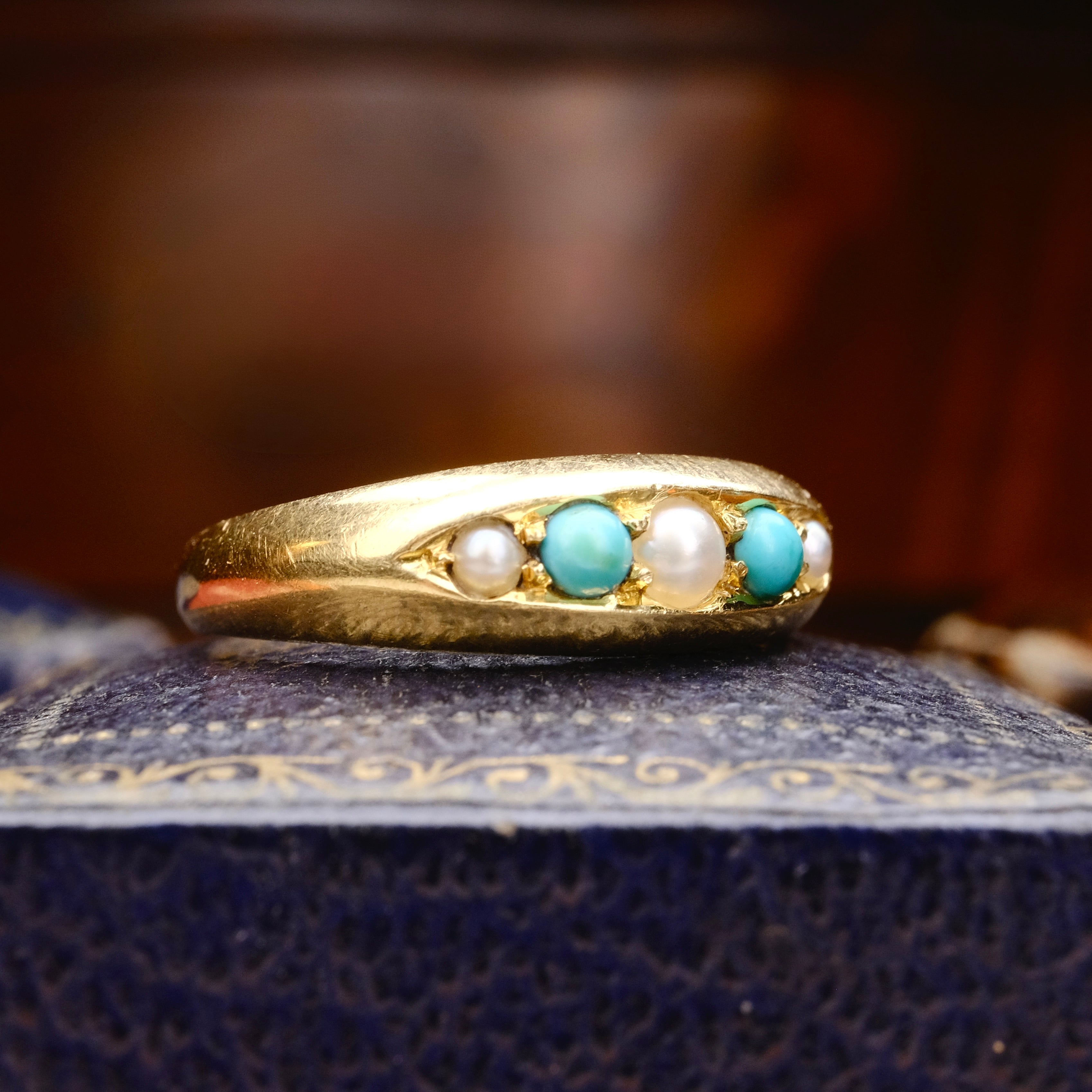 Antique Victorian 18ct Gold, Turquoise & Pearl Boat Set Ring