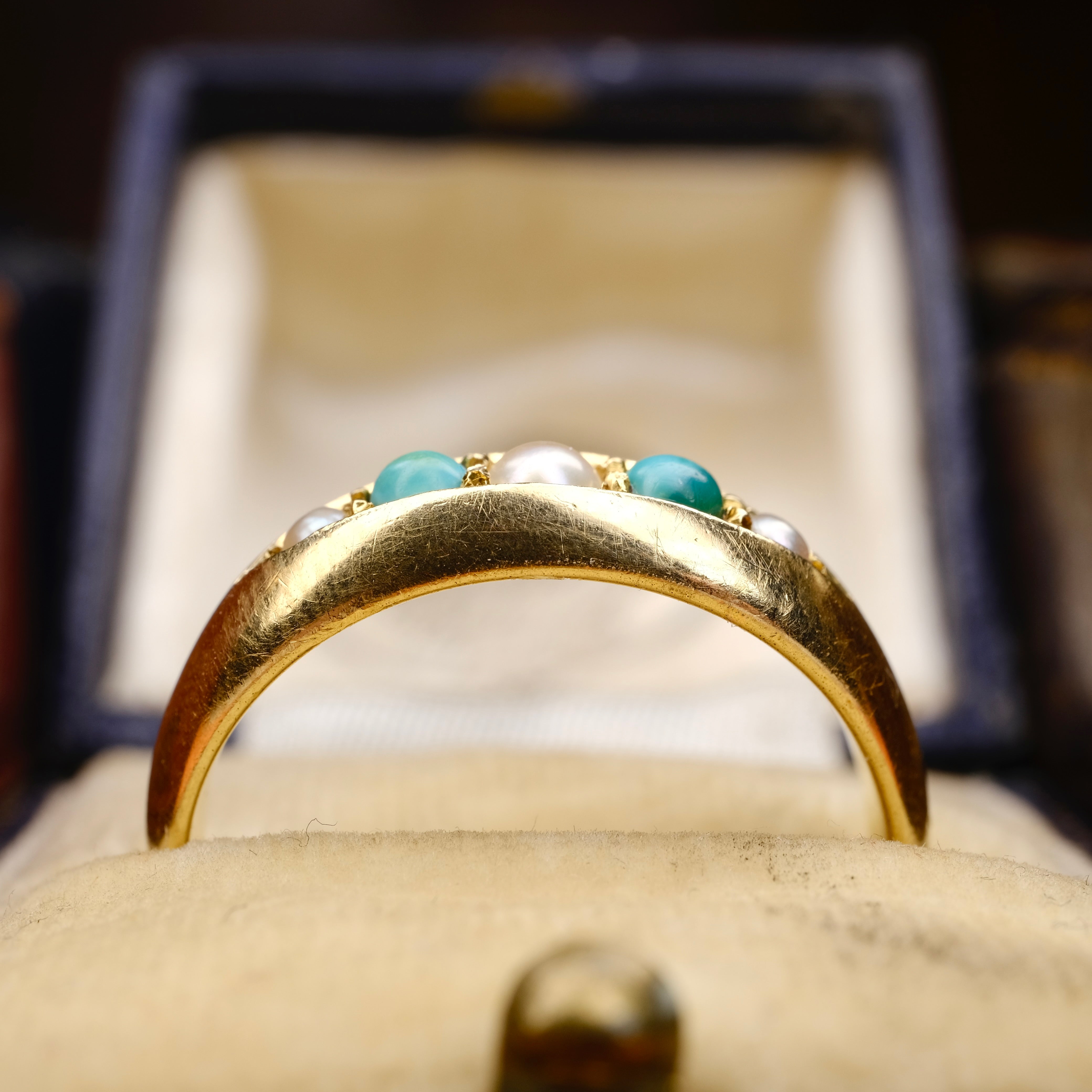 Antique Victorian 18ct Gold, Turquoise & Pearl Boat Set Ring
