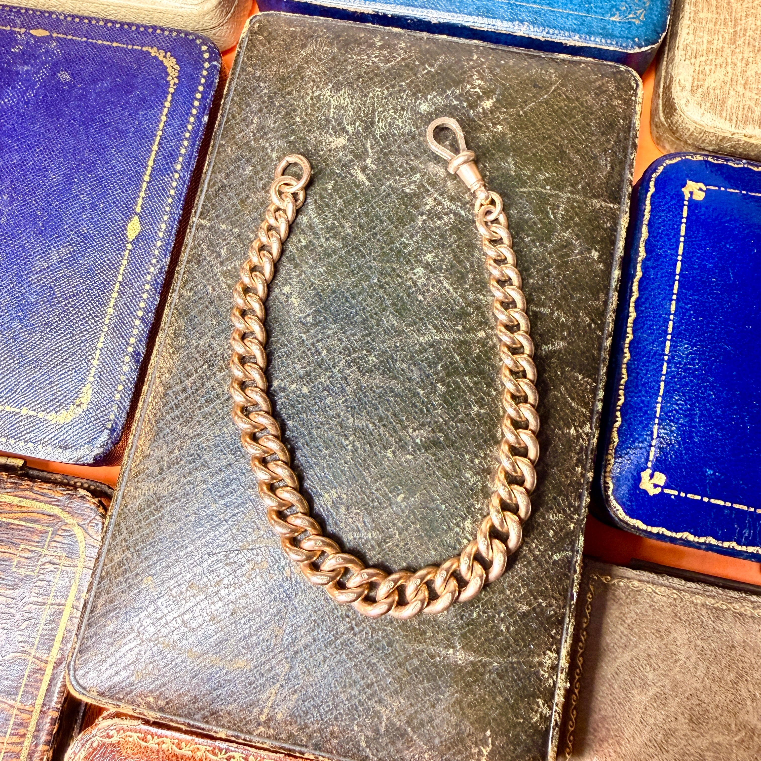 Antique 9ct Rose Gold Watch Chain Bracelet, With Dog Clip Clasp, 25.8 Grams