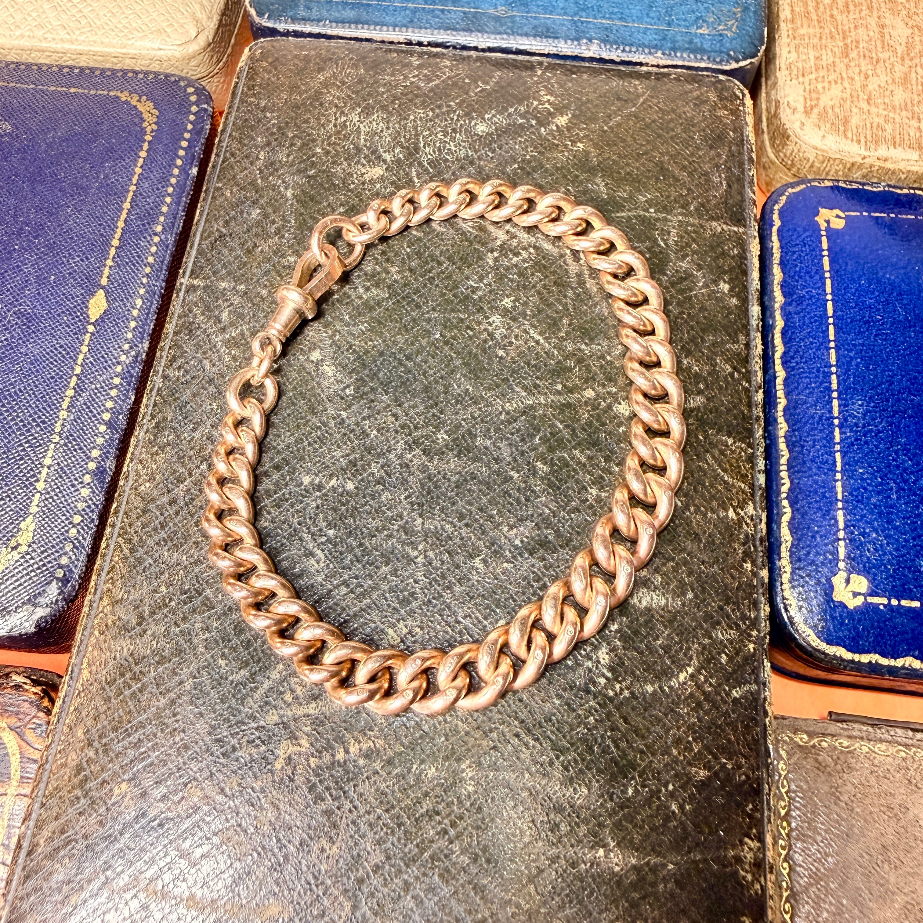 Antique 9ct Rose Gold Watch Chain Bracelet, With Dog Clip Clasp, 25.8 Grams