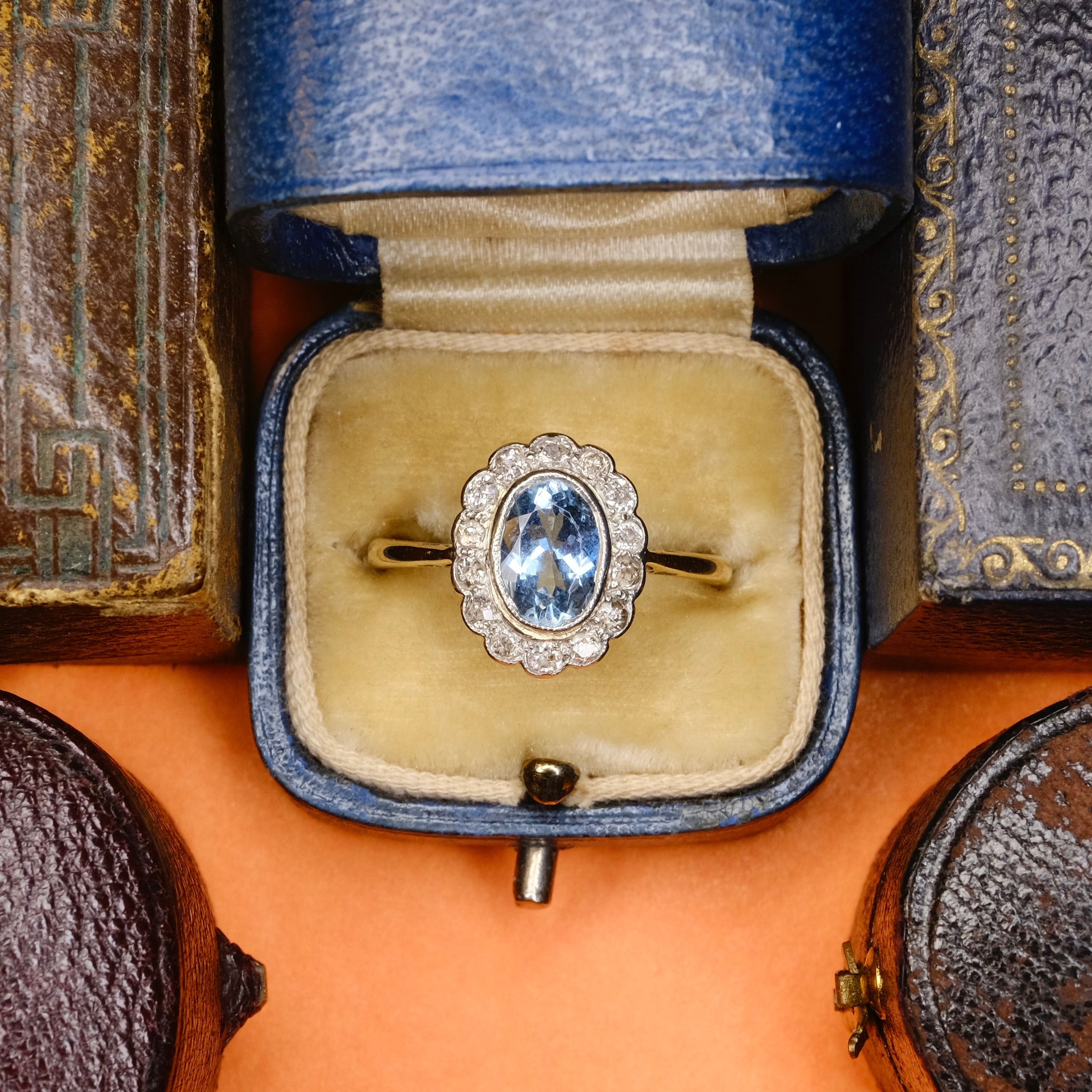 Original Art Deco, 18ct Gold & Platinum, Aquamarine And Old Cut Diamond Cluster Ring