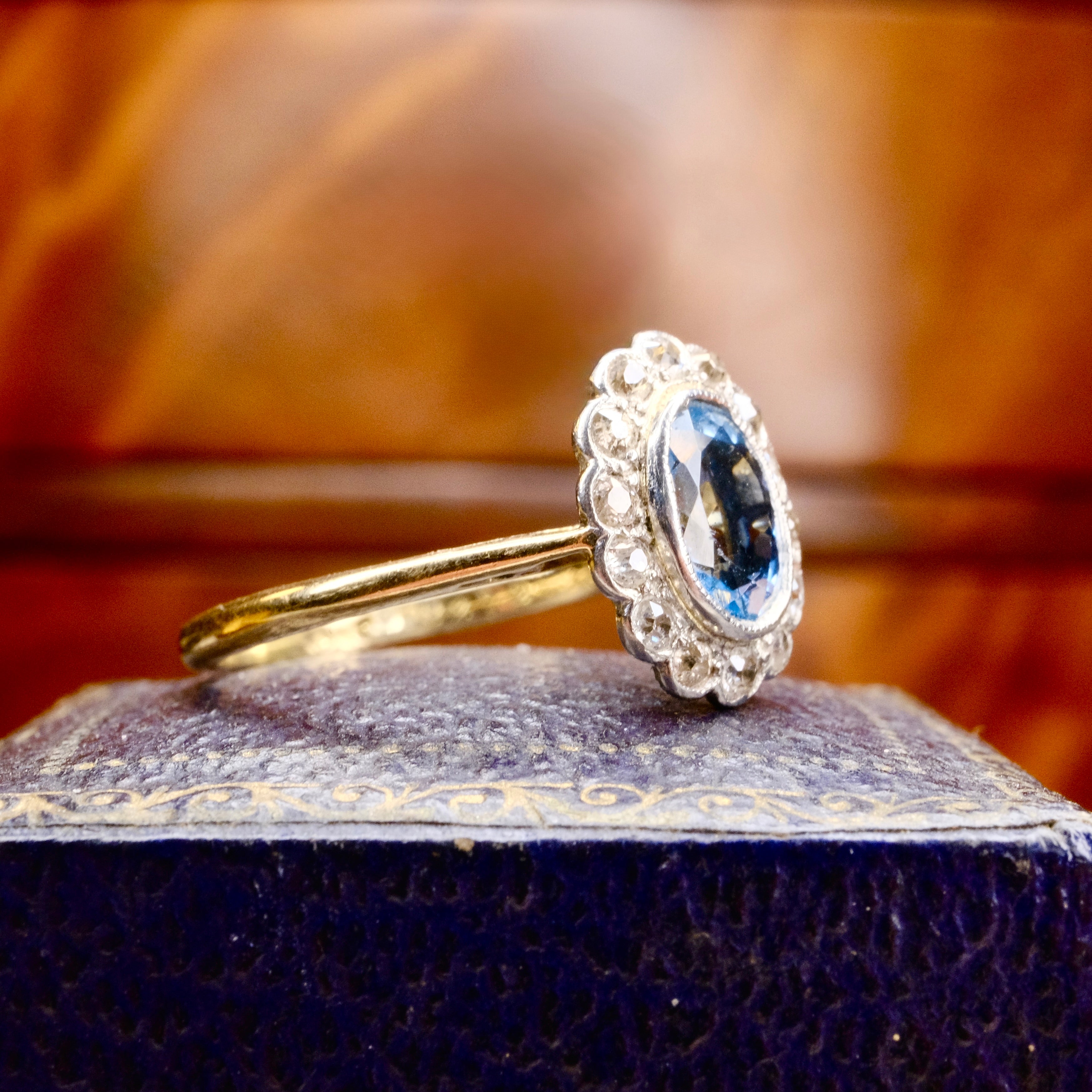Original Art Deco, 18ct Gold & Platinum, Aquamarine And Old Cut Diamond Cluster Ring