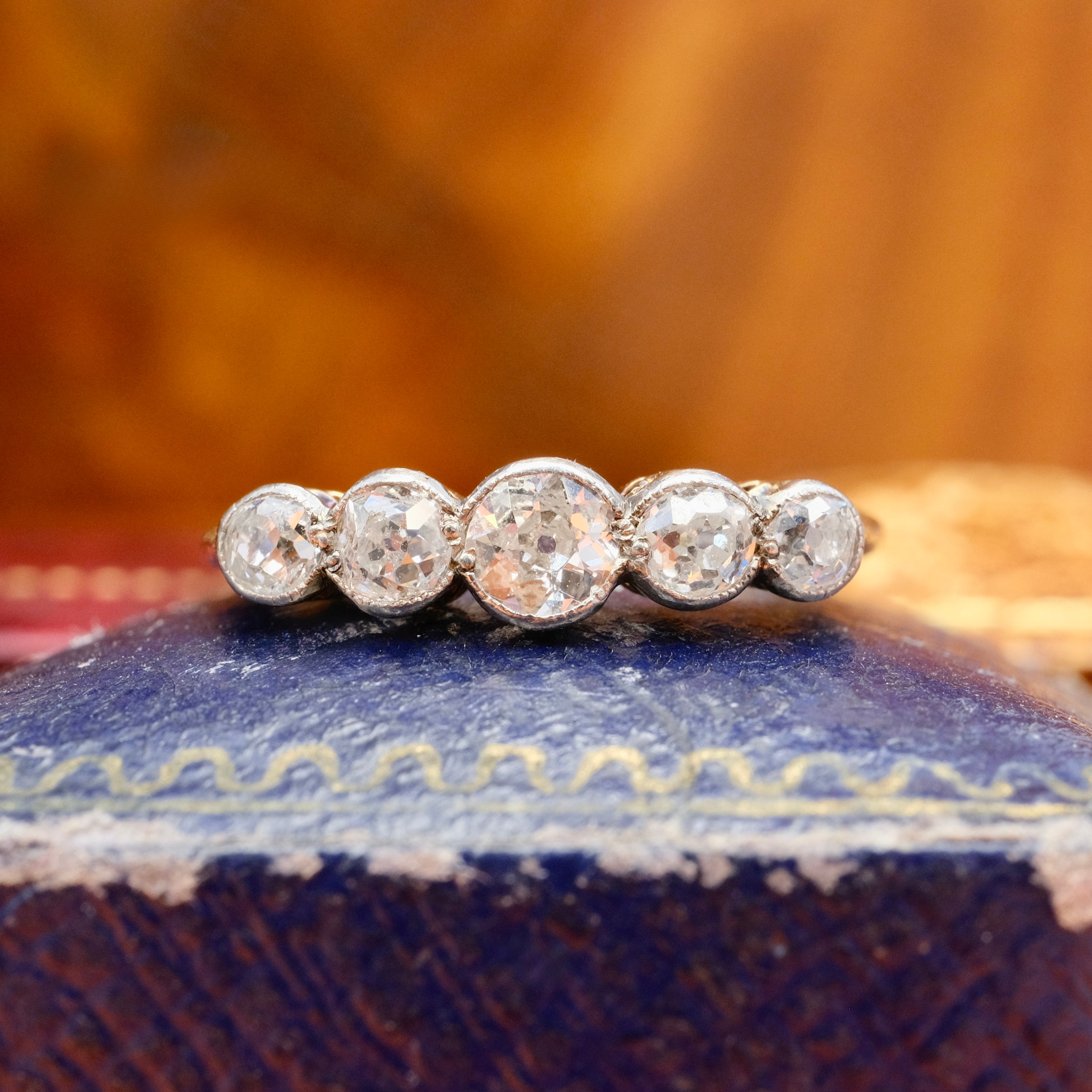 1920s, Art Deco, Bezel Set 5 stone Old Cut Diamond 18ct Gold & Platinum Ring