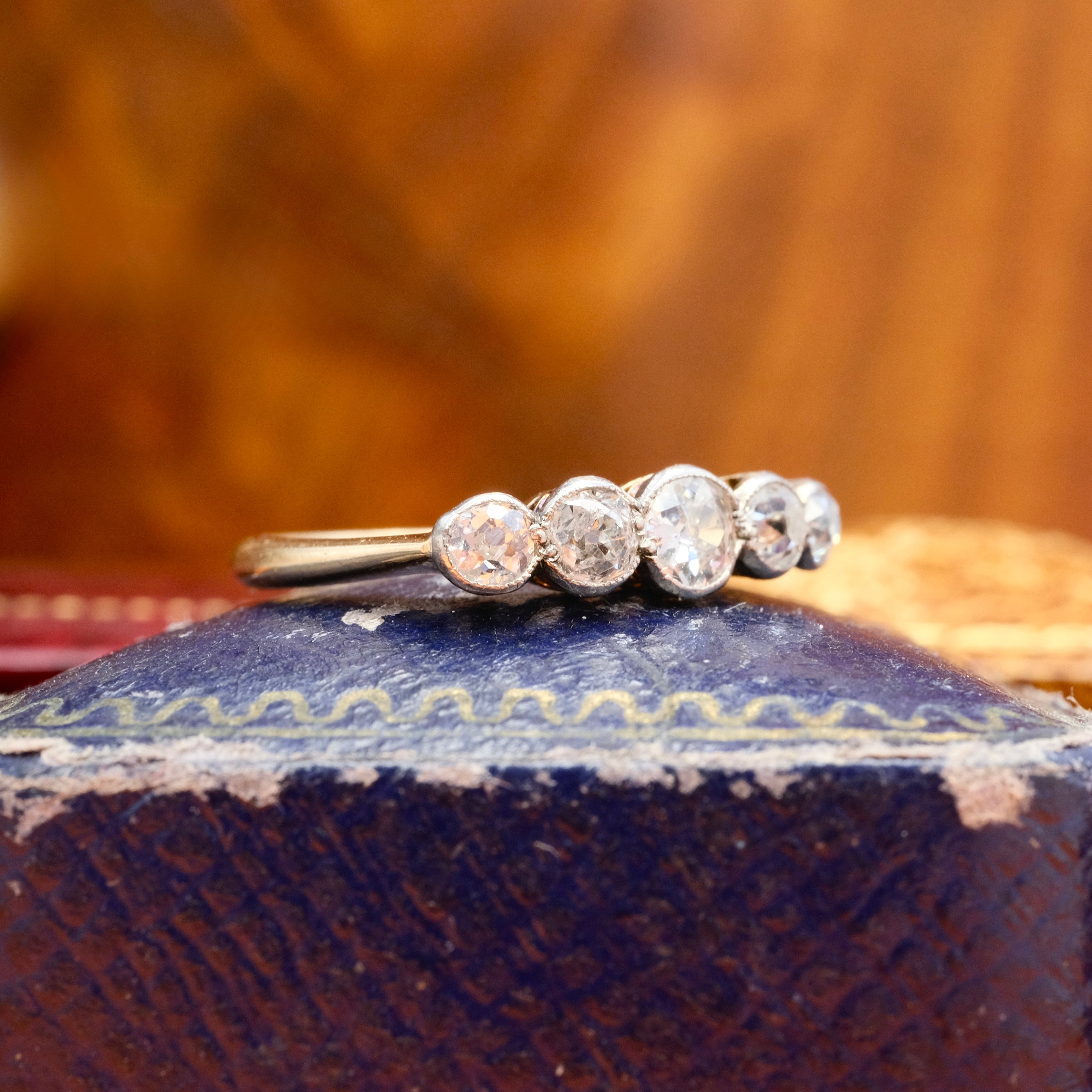 1920s, Art Deco, Bezel Set 5 stone Old Cut Diamond 18ct Gold & Platinum Ring
