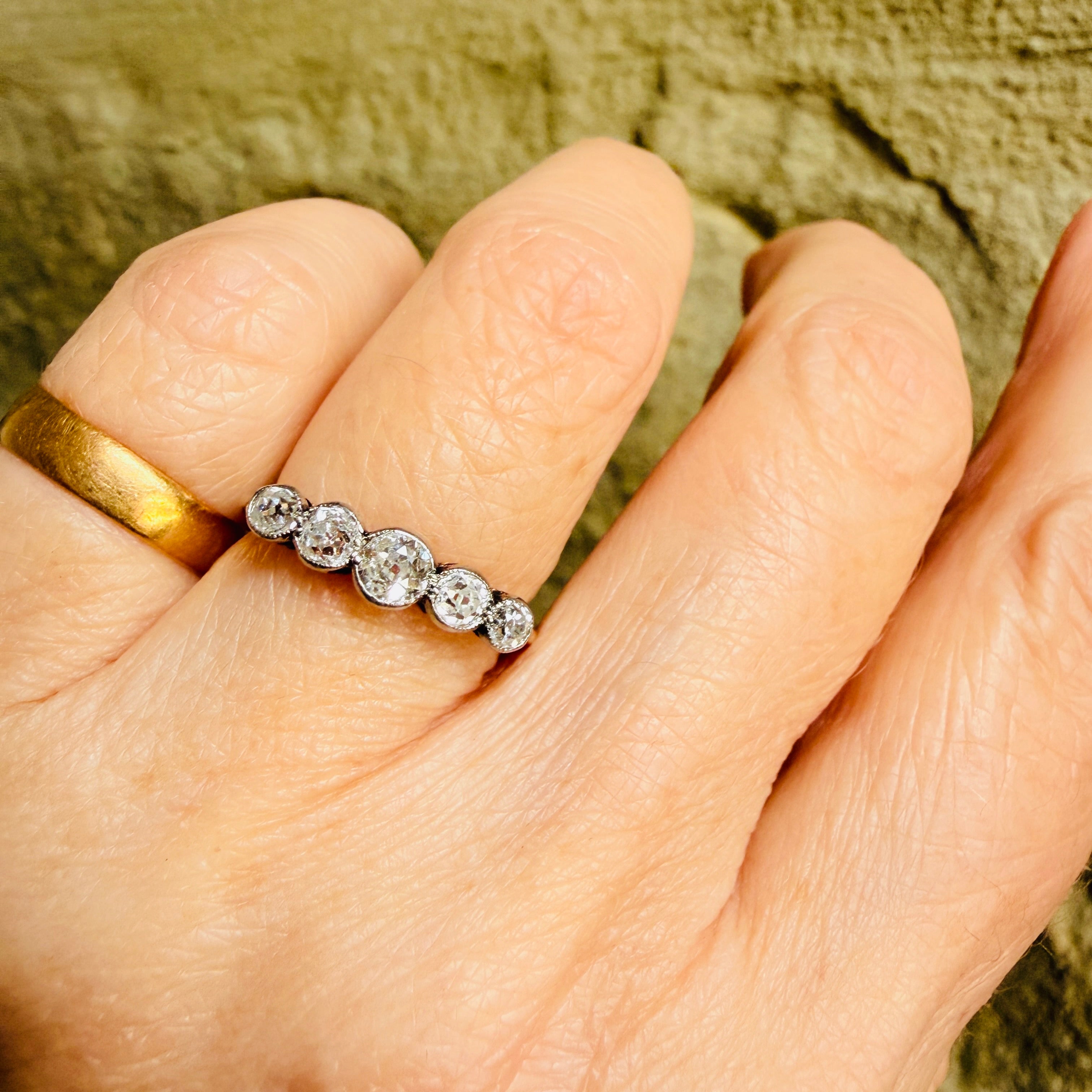 1920s, Art Deco, Bezel Set 5 stone Old Cut Diamond 18ct Gold & Platinum Ring