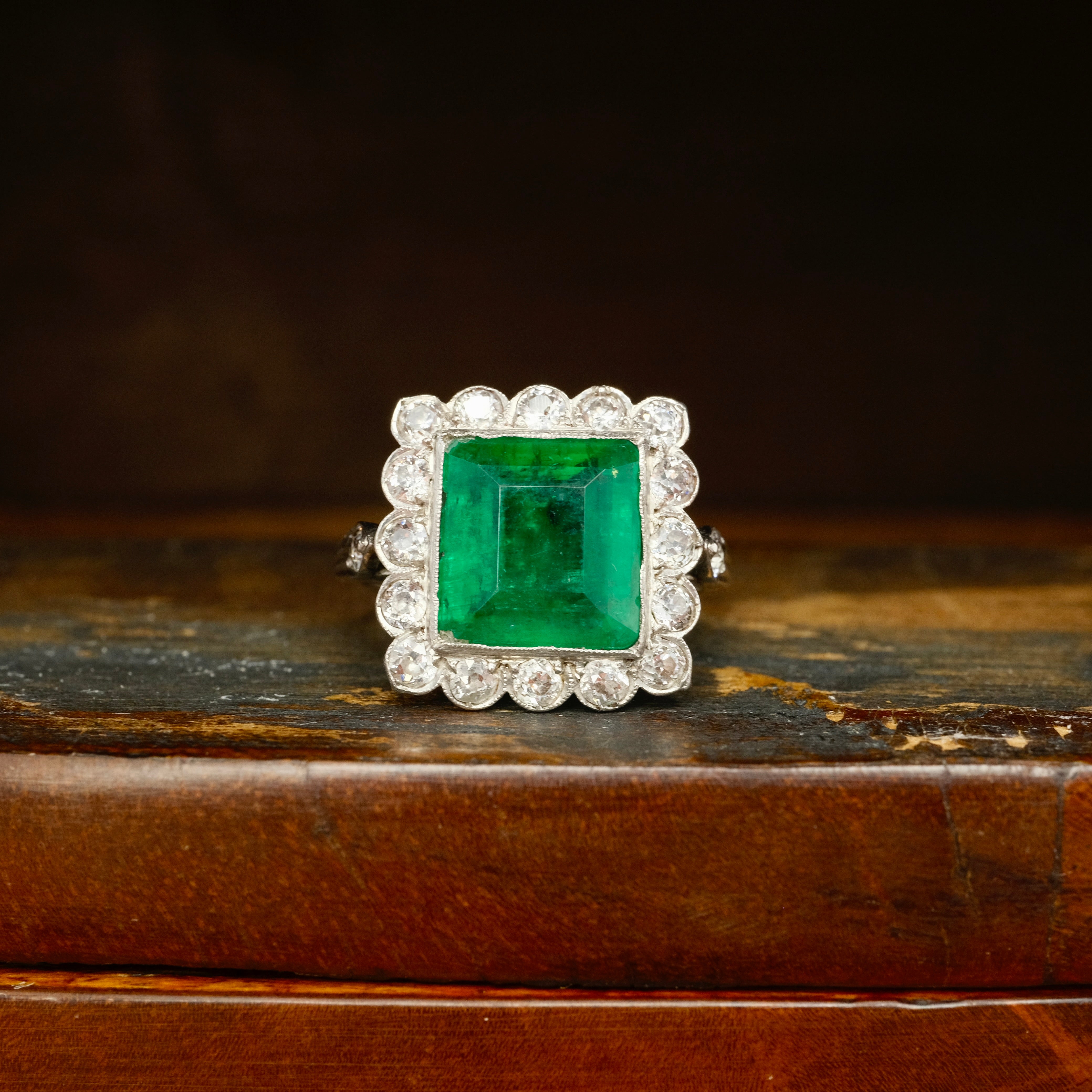 1920s, Art Deco, Emerald & Old Cut Diamond, Platinum, Square Cluster Ring
