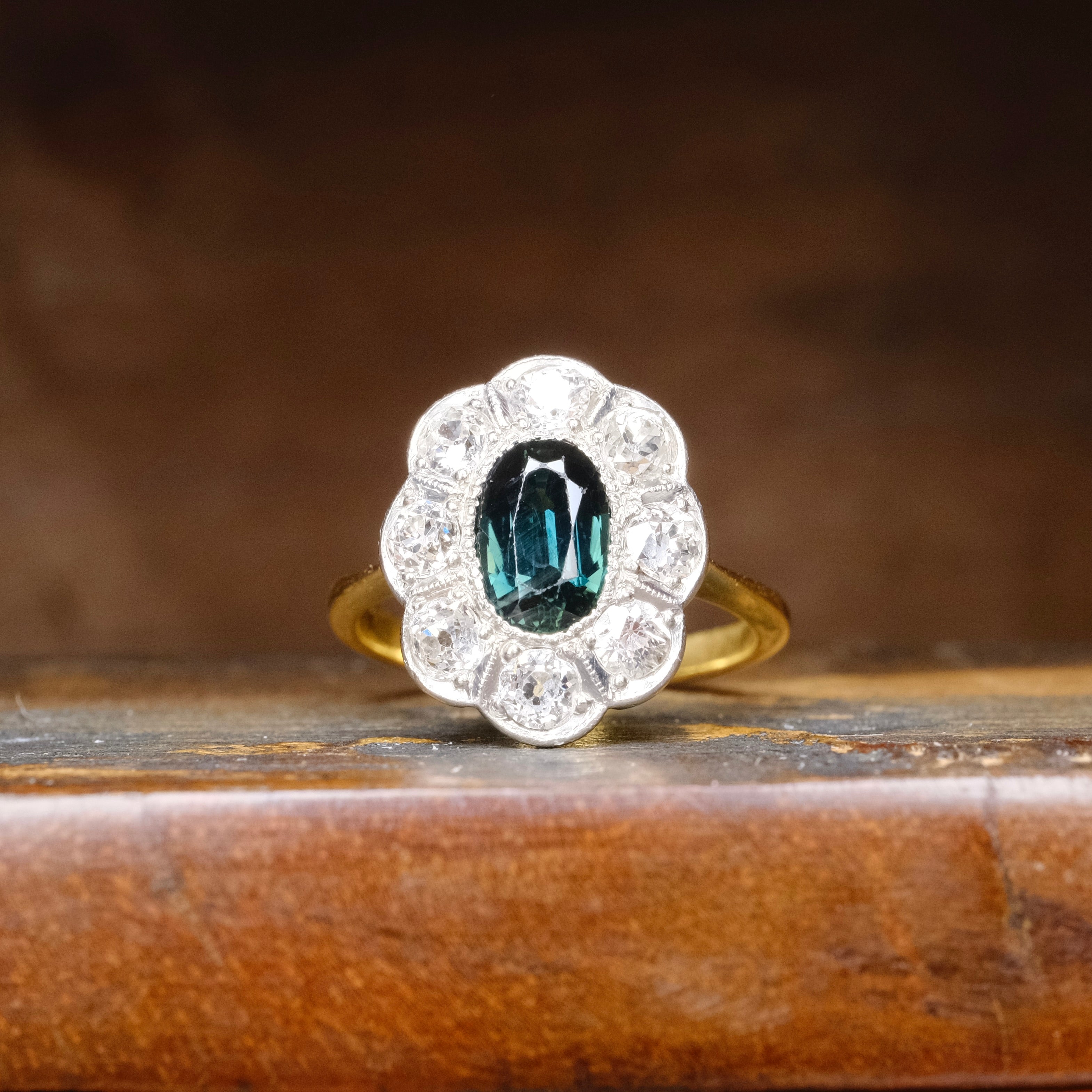 Antique, Early 20th Century 18ct Gold, Blue Green Sapphire & Old Cut Diamond Cluster Ring