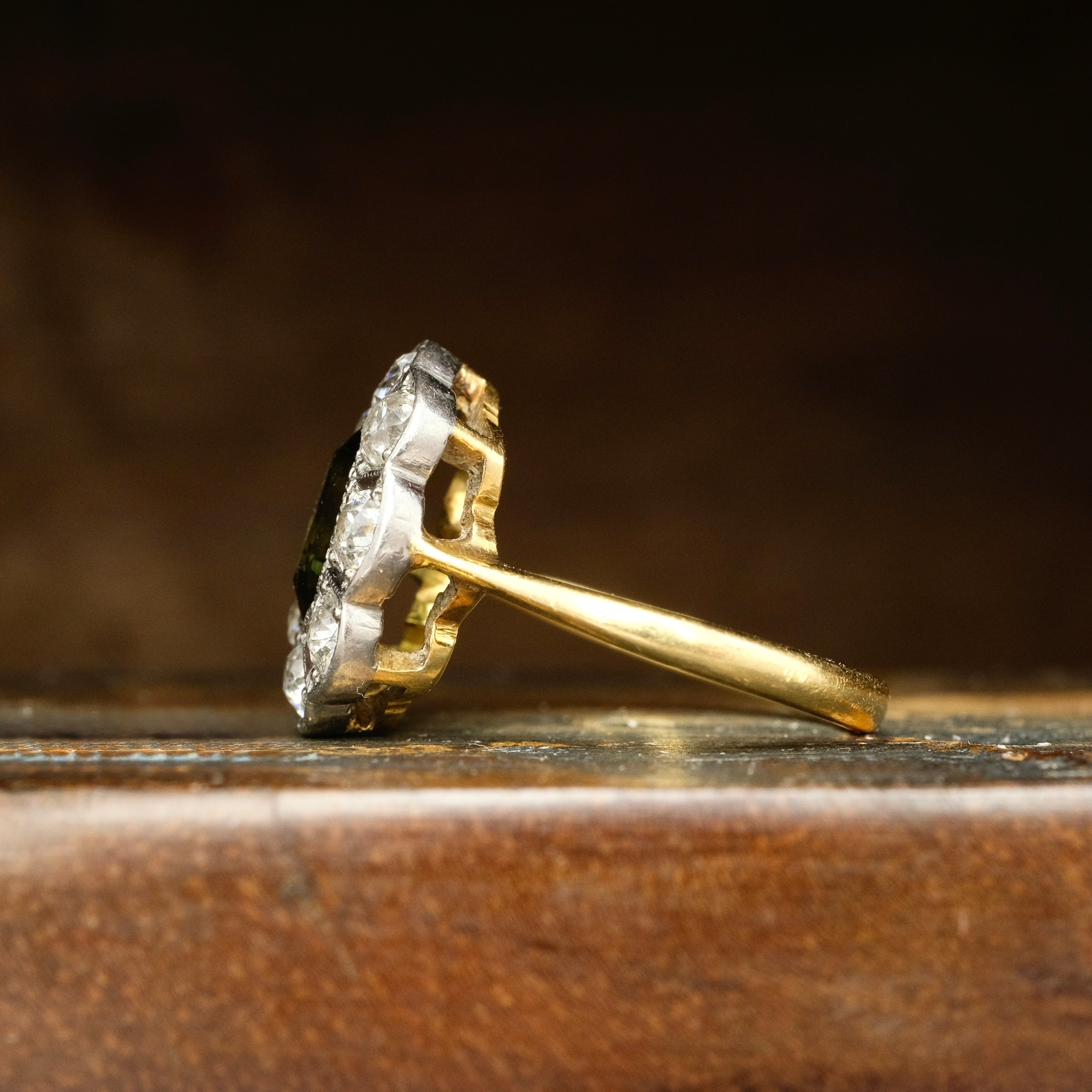 Antique, Early 20th Century 18ct Gold, Blue Green Sapphire & Old Cut Diamond Cluster Ring