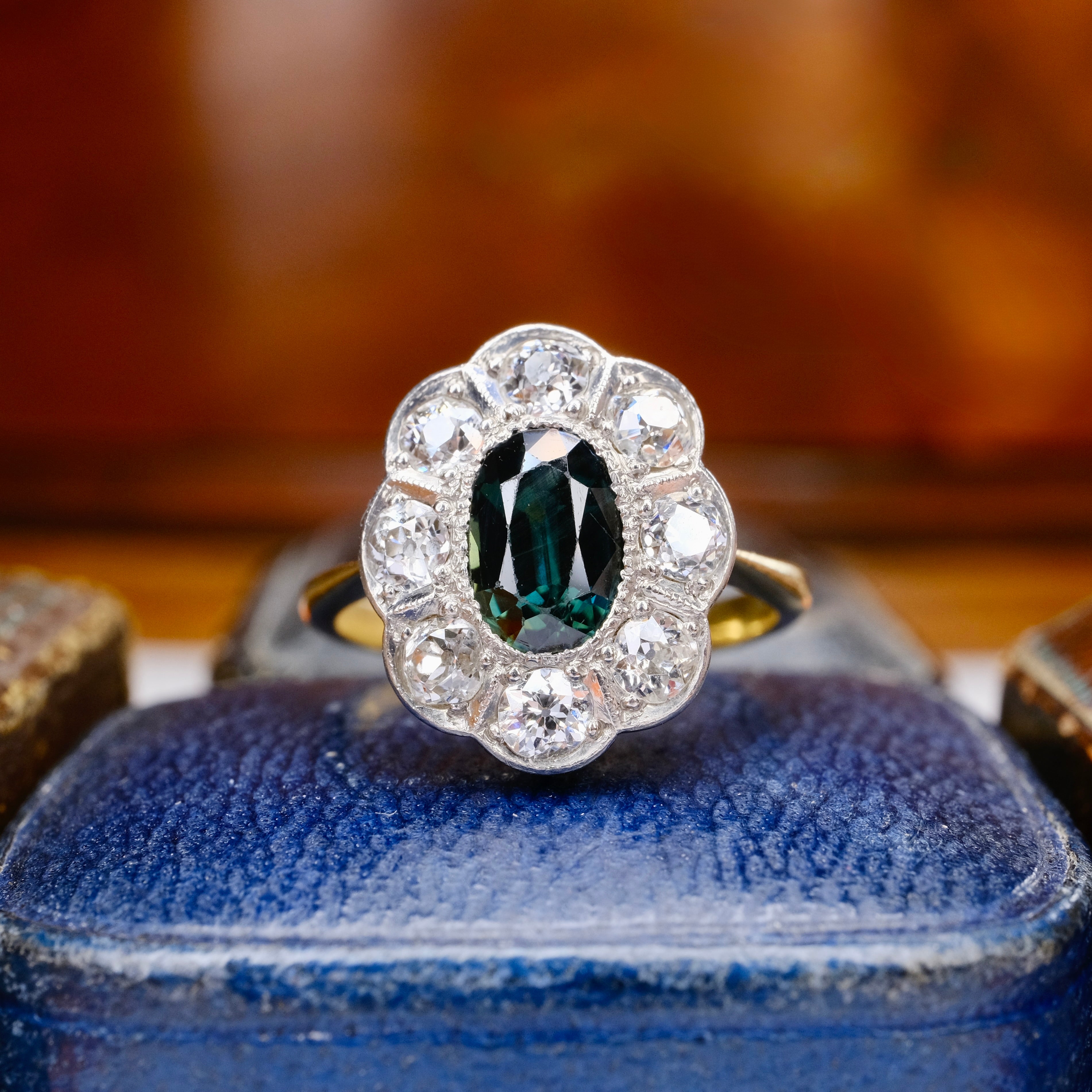 Antique, Early 20th Century 18ct Gold, Blue Green Sapphire & Old Cut Diamond Cluster Ring