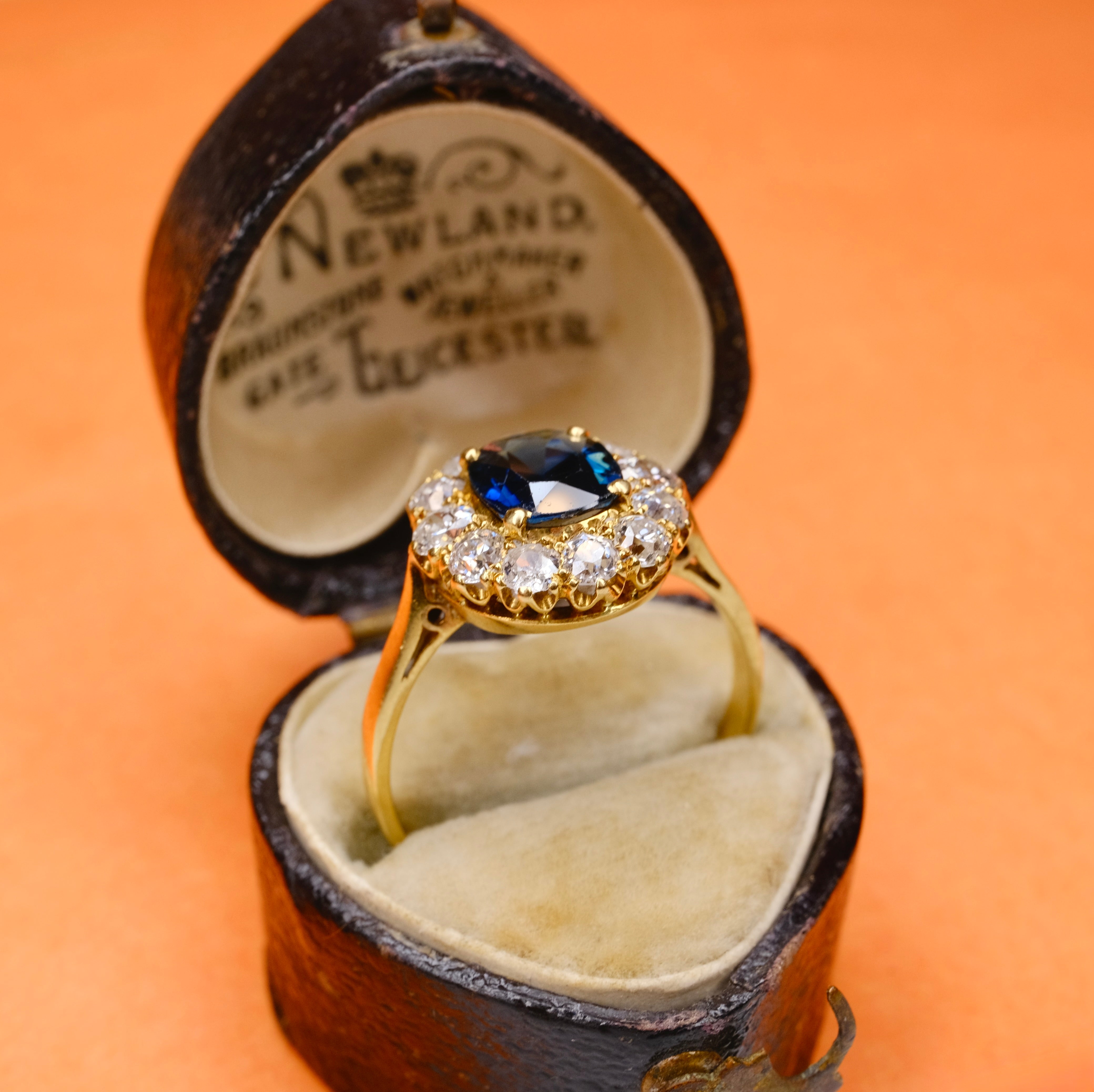 Antique, Victorian 18ct Gold, Unheated Sapphire & Old Cut Diamond Cluster Ring in Antique Heart Ring Box