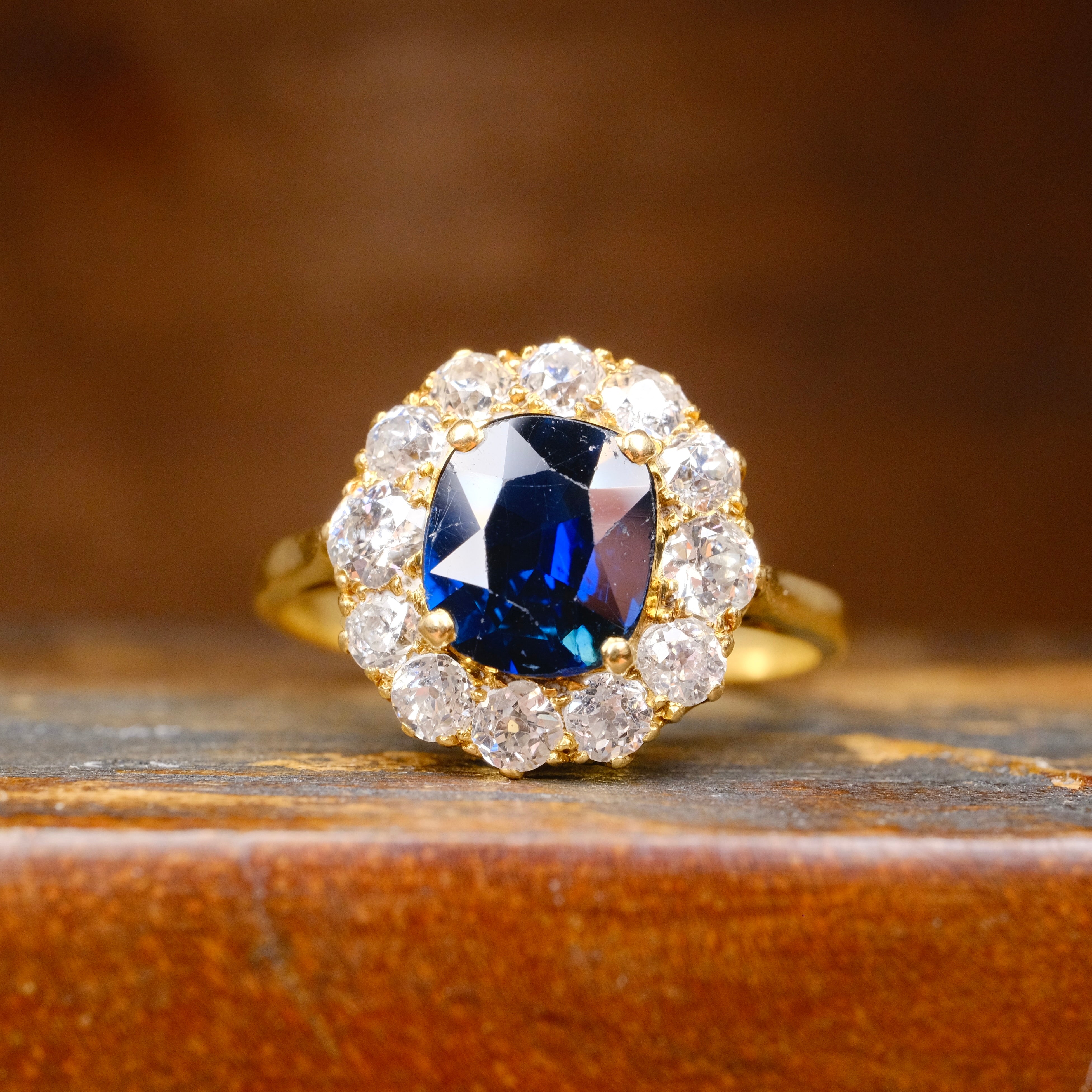 Antique, Victorian 18ct Gold, Unheated Sapphire & Old Cut Diamond Cluster Ring in Antique Heart Ring Box