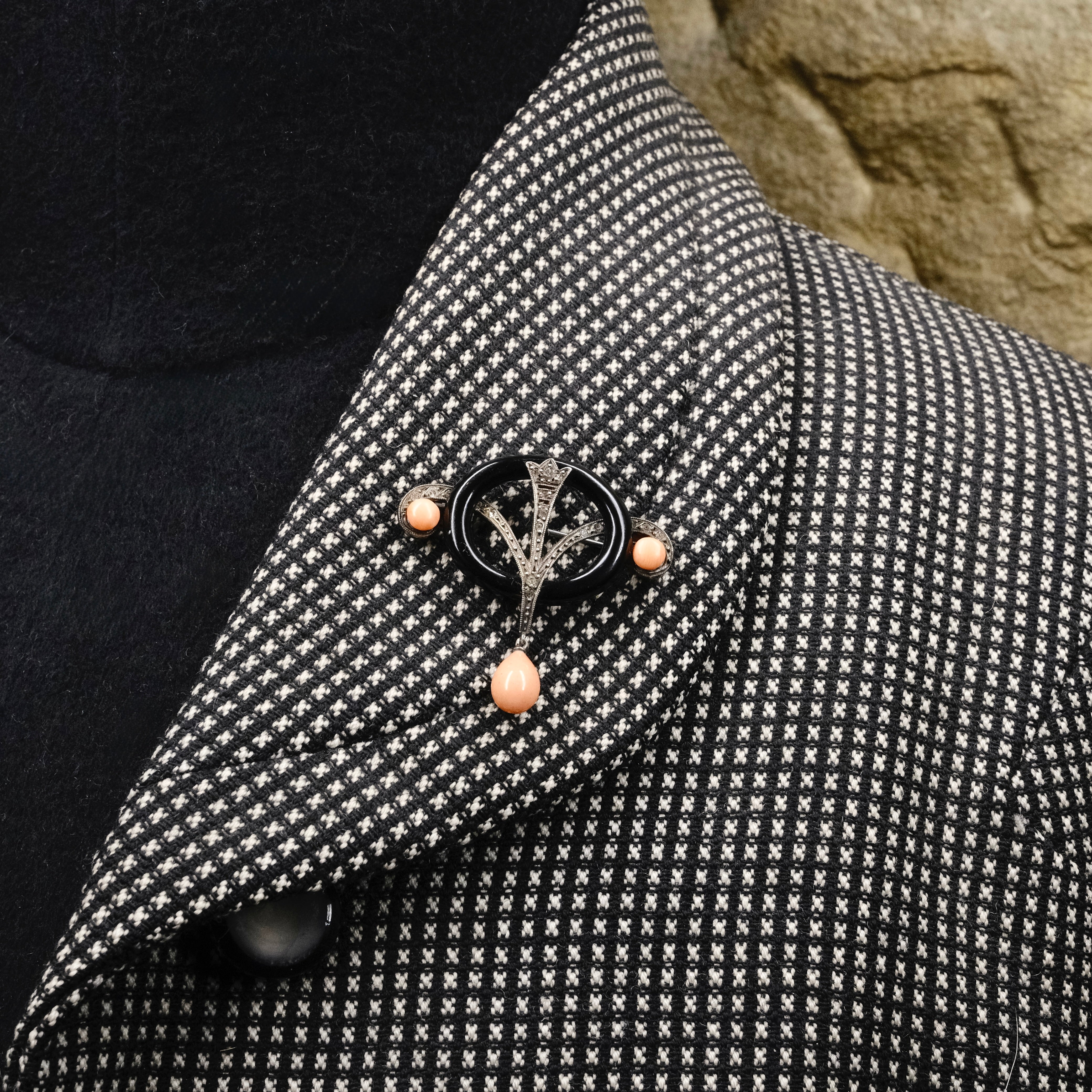 Original French Art deco, Silver, Onyx, Paste & Coral Brooch