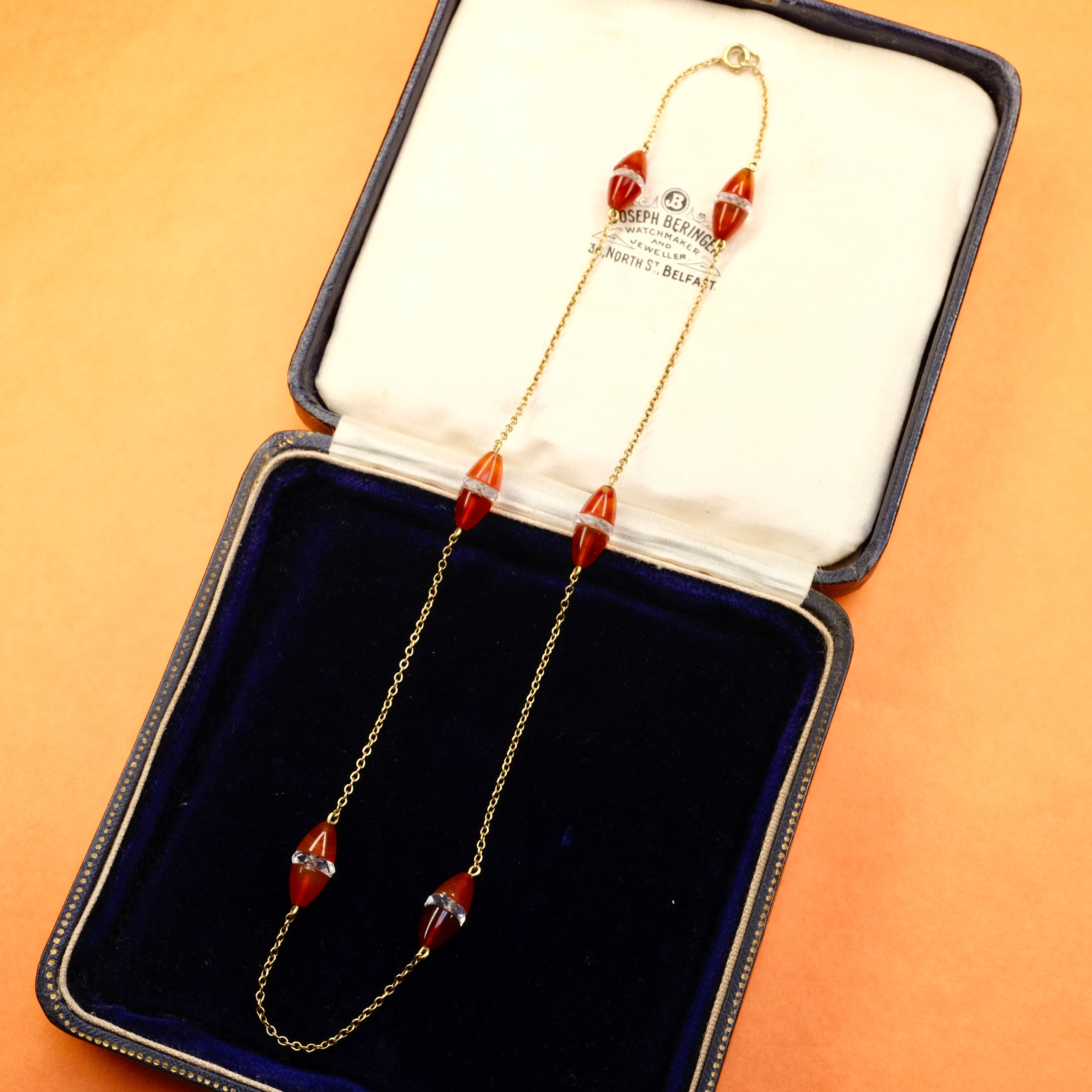Art Deco 9ct Gold, Rock Crystal & Carnelian Bead Chain Necklace