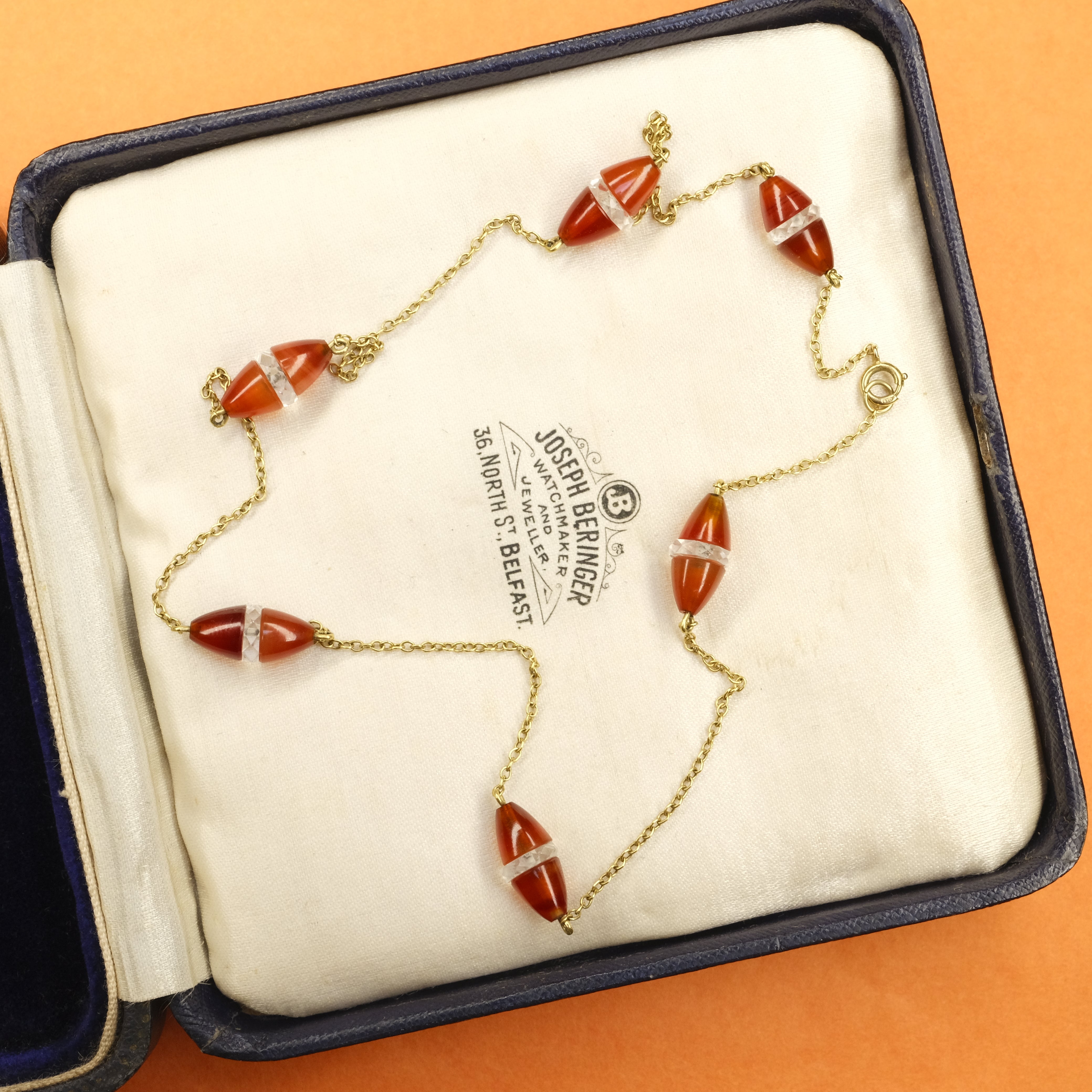 Art Deco 9ct Gold, Rock Crystal & Carnelian Bead Chain Necklace