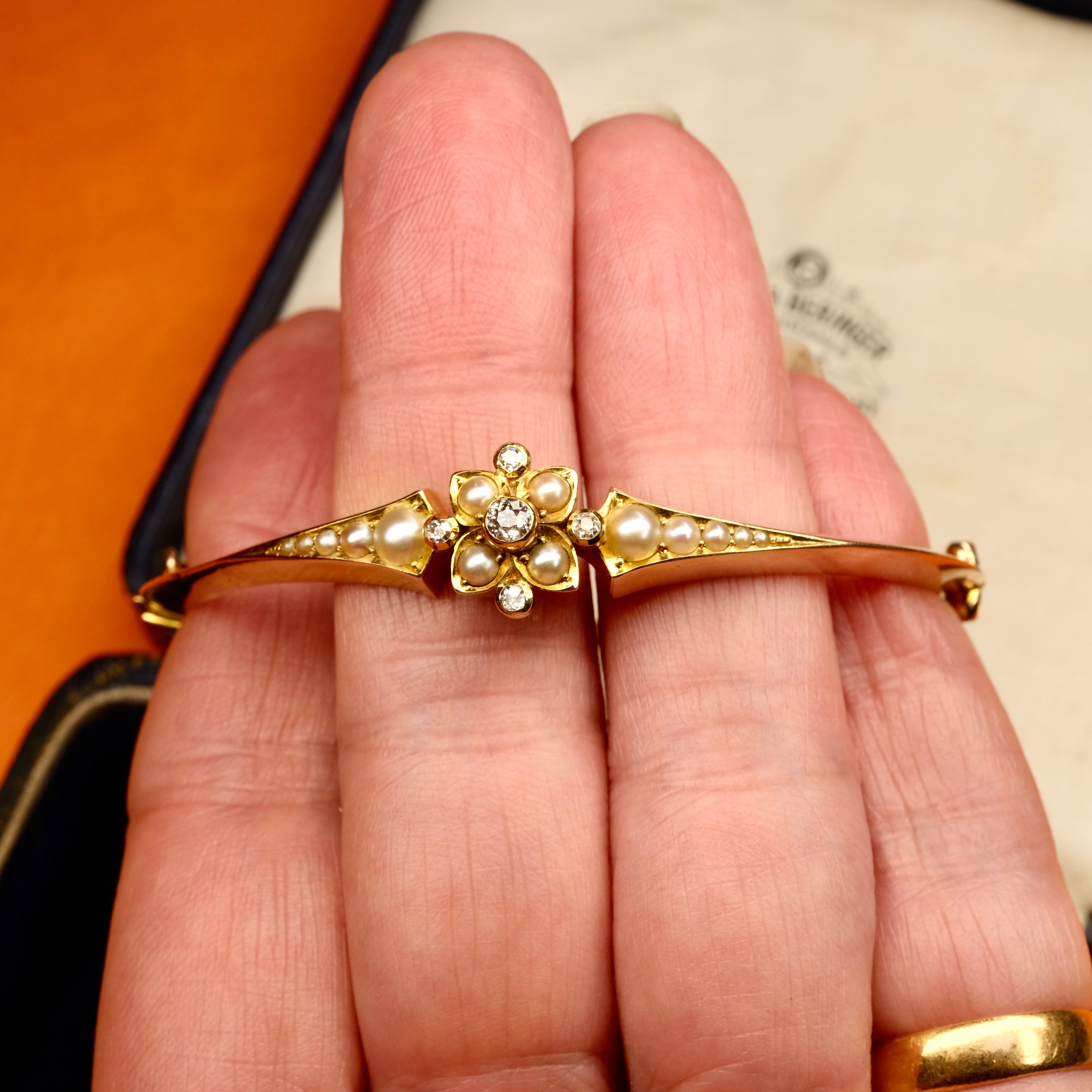 Antique, Edwardian 15ct Gold, Old Cut Diamond and Split Pearl Hinged Bangle Bracelet