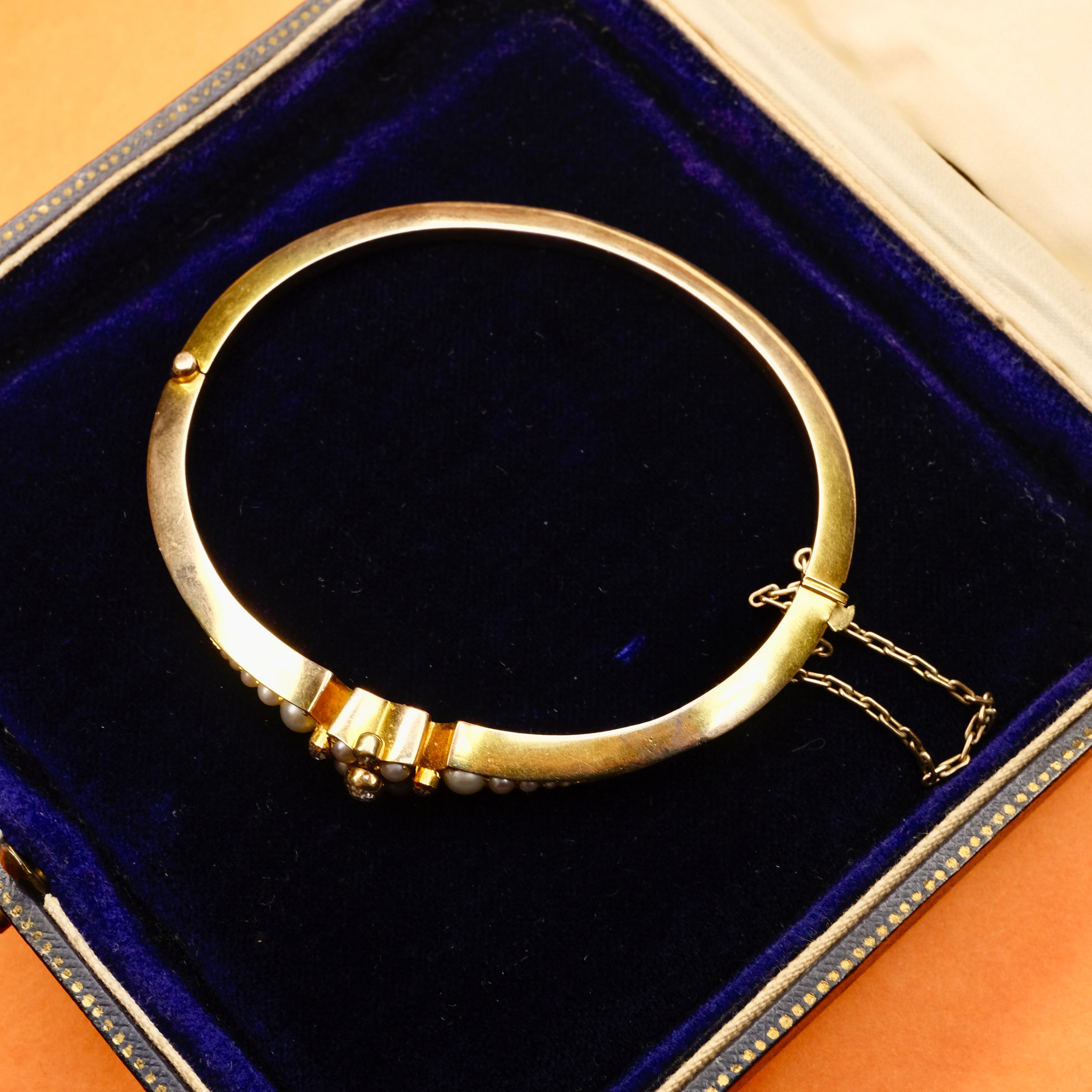 Antique, Edwardian 15ct Gold, Old Cut Diamond and Split Pearl Hinged Bangle Bracelet