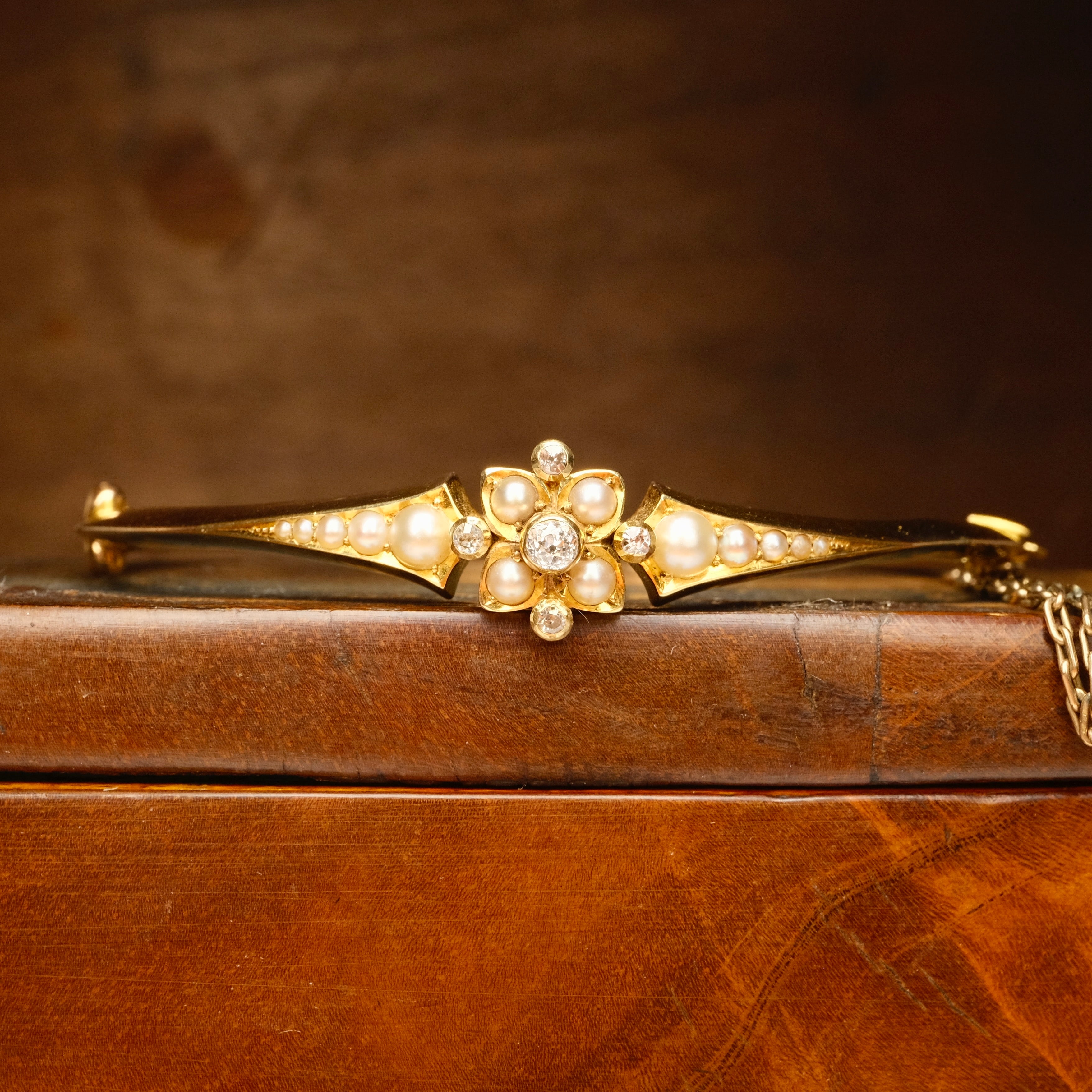 Antique, Edwardian 15ct Gold, Old Cut Diamond and Split Pearl Hinged Bangle Bracelet