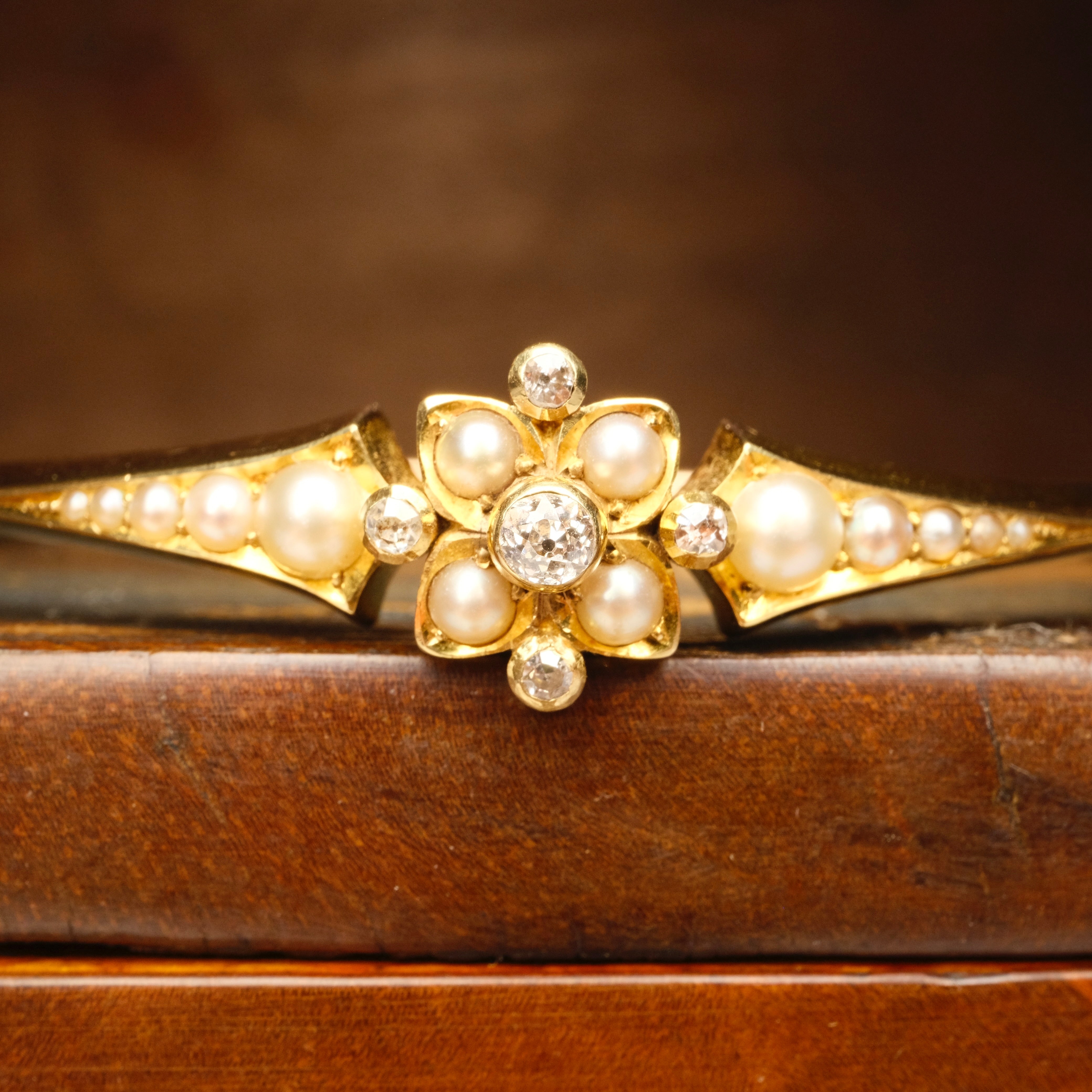 Antique, Edwardian 15ct Gold, Old Cut Diamond and Split Pearl Hinged Bangle Bracelet
