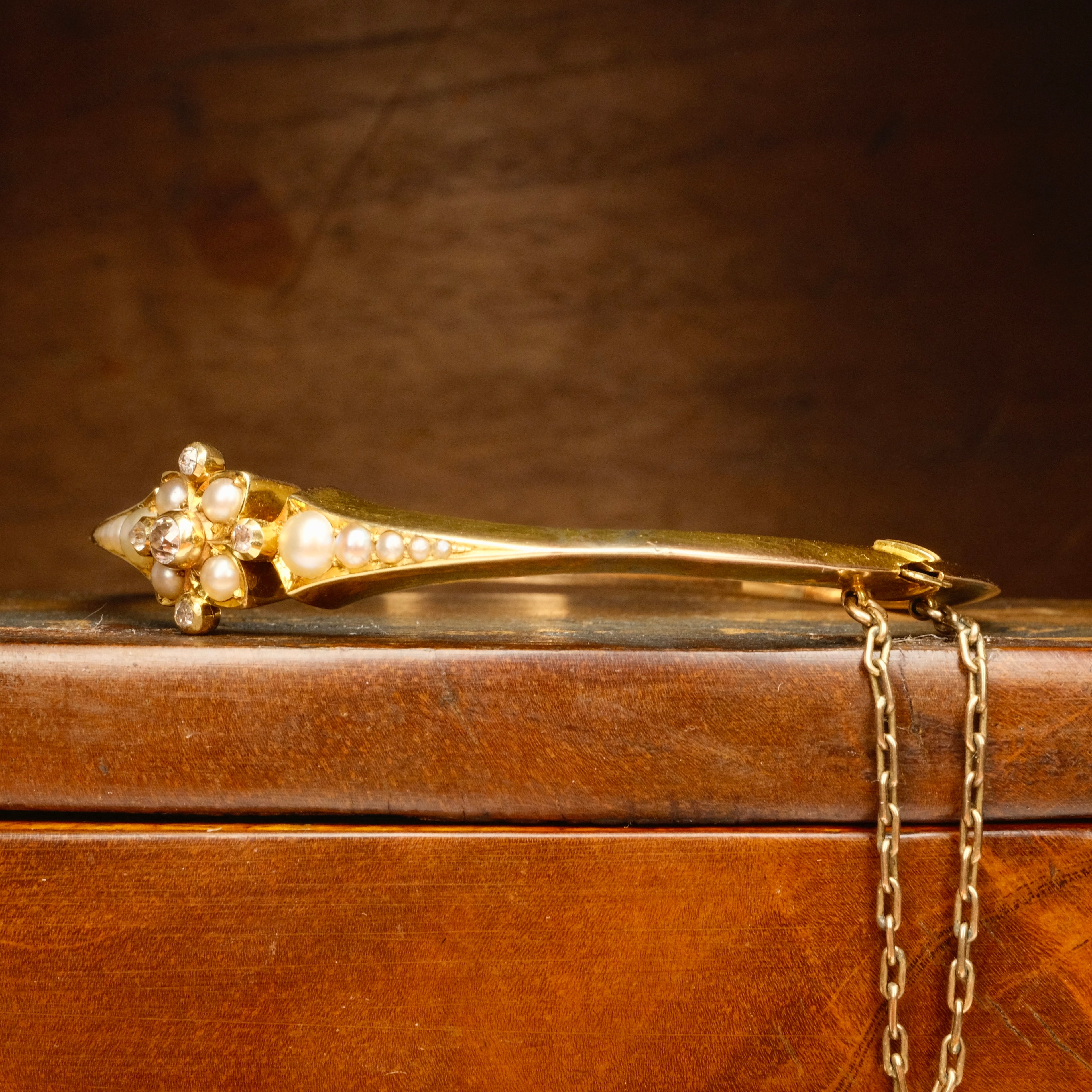 Antique, Edwardian 15ct Gold, Old Cut Diamond and Split Pearl Hinged Bangle Bracelet