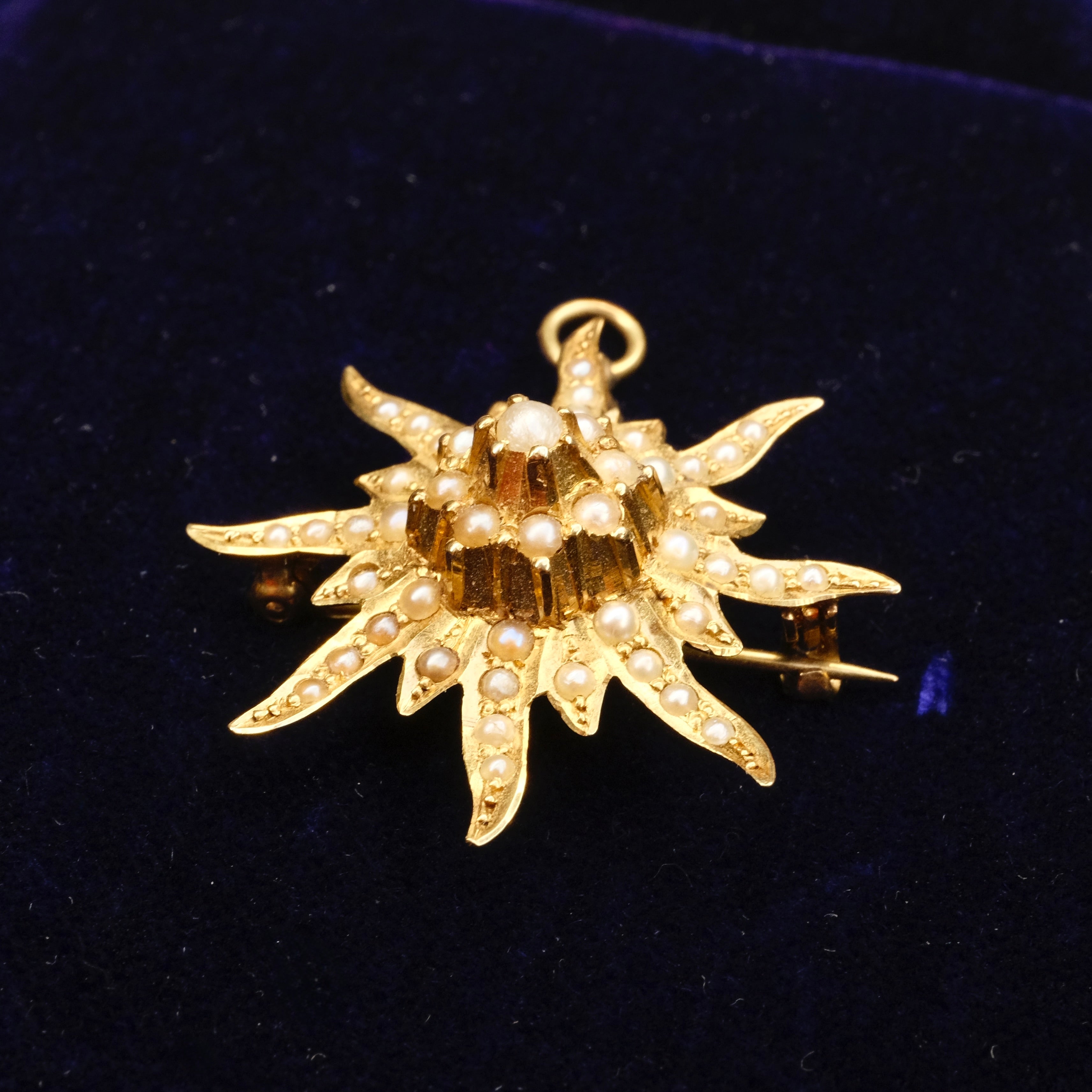 Antique, Early 20th Century, 14ct Gold & Seed Pearl Sunburst Pendant Brooch
