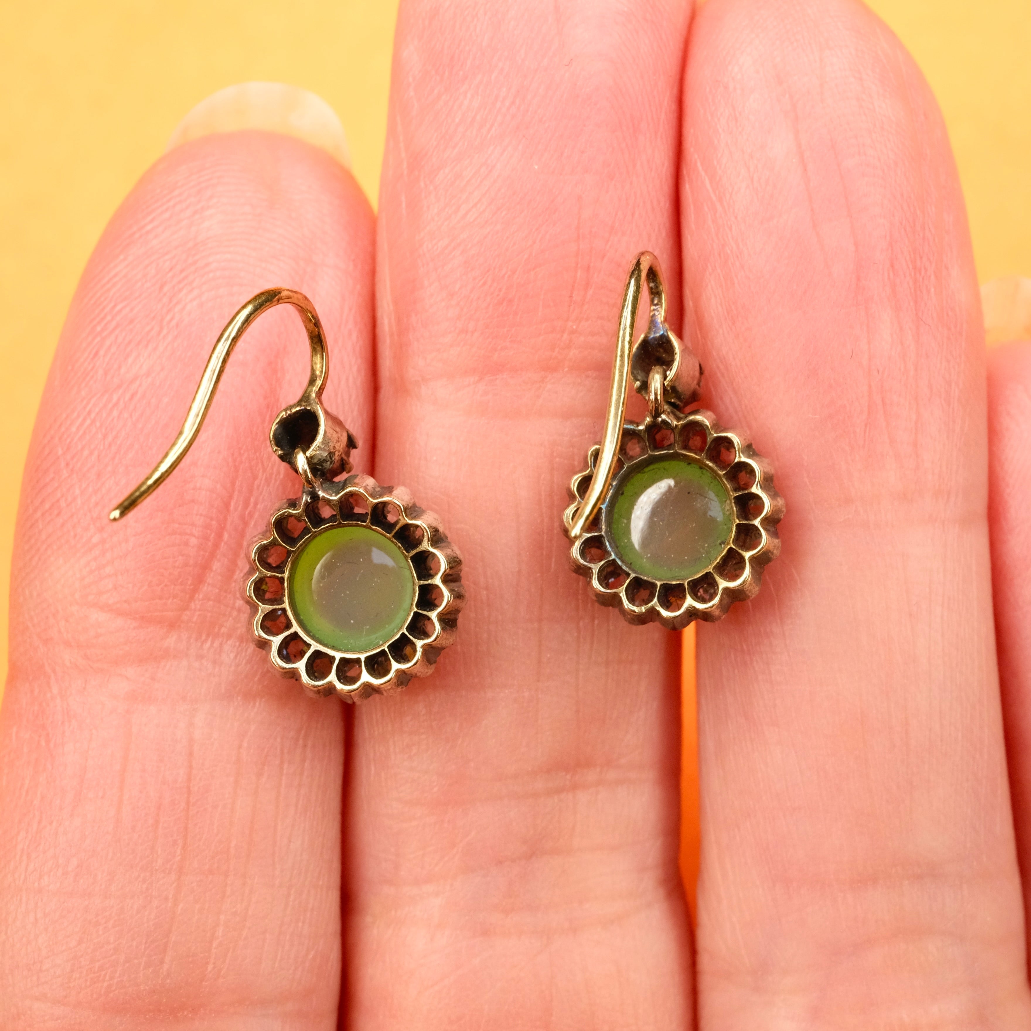 Victorian, Rose Cut Diamond, Chrysoprase, Gold & Silver Drop Earrings