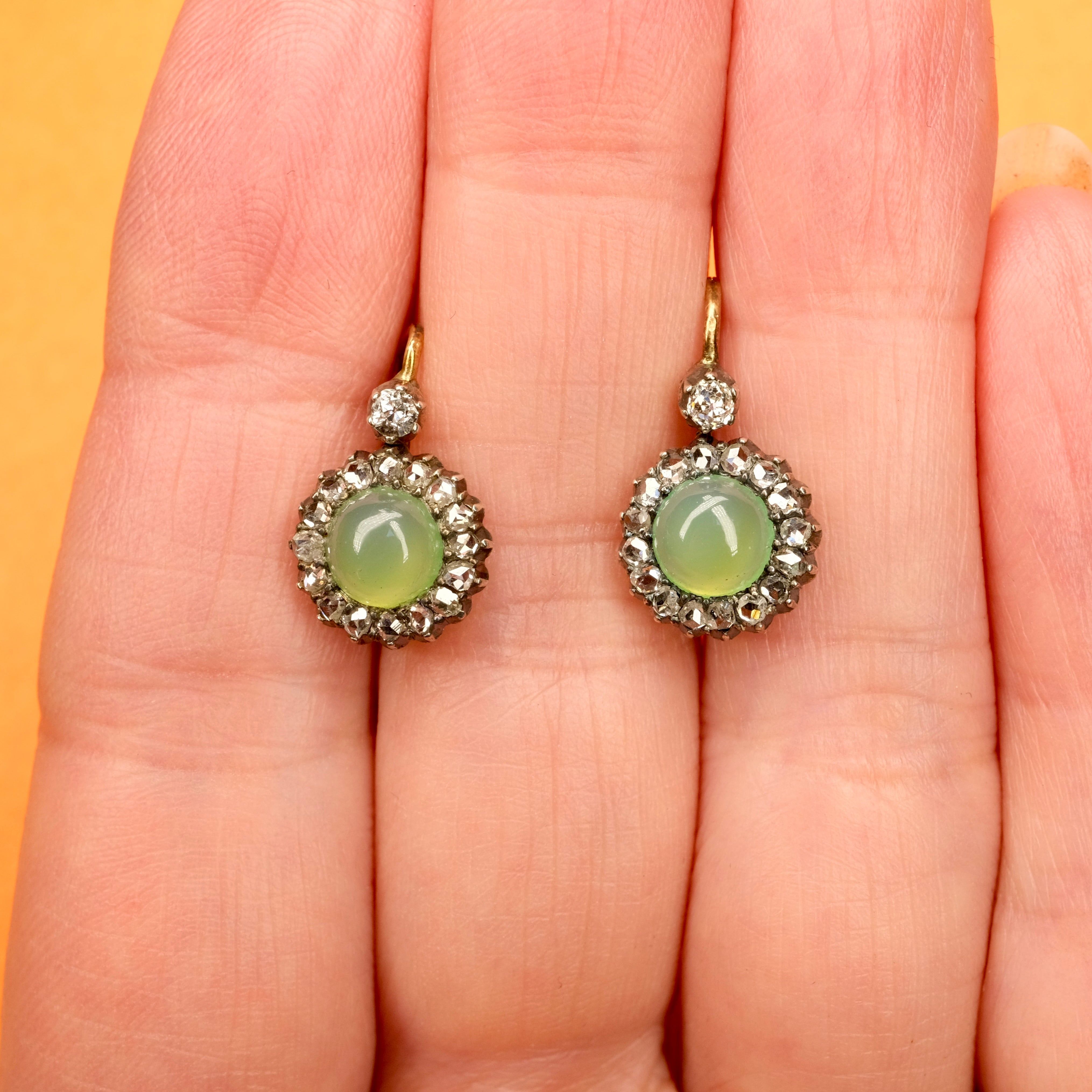 Victorian, Rose Cut Diamond, Chyroprase, 9ct Gold & Silver Drop Earrings