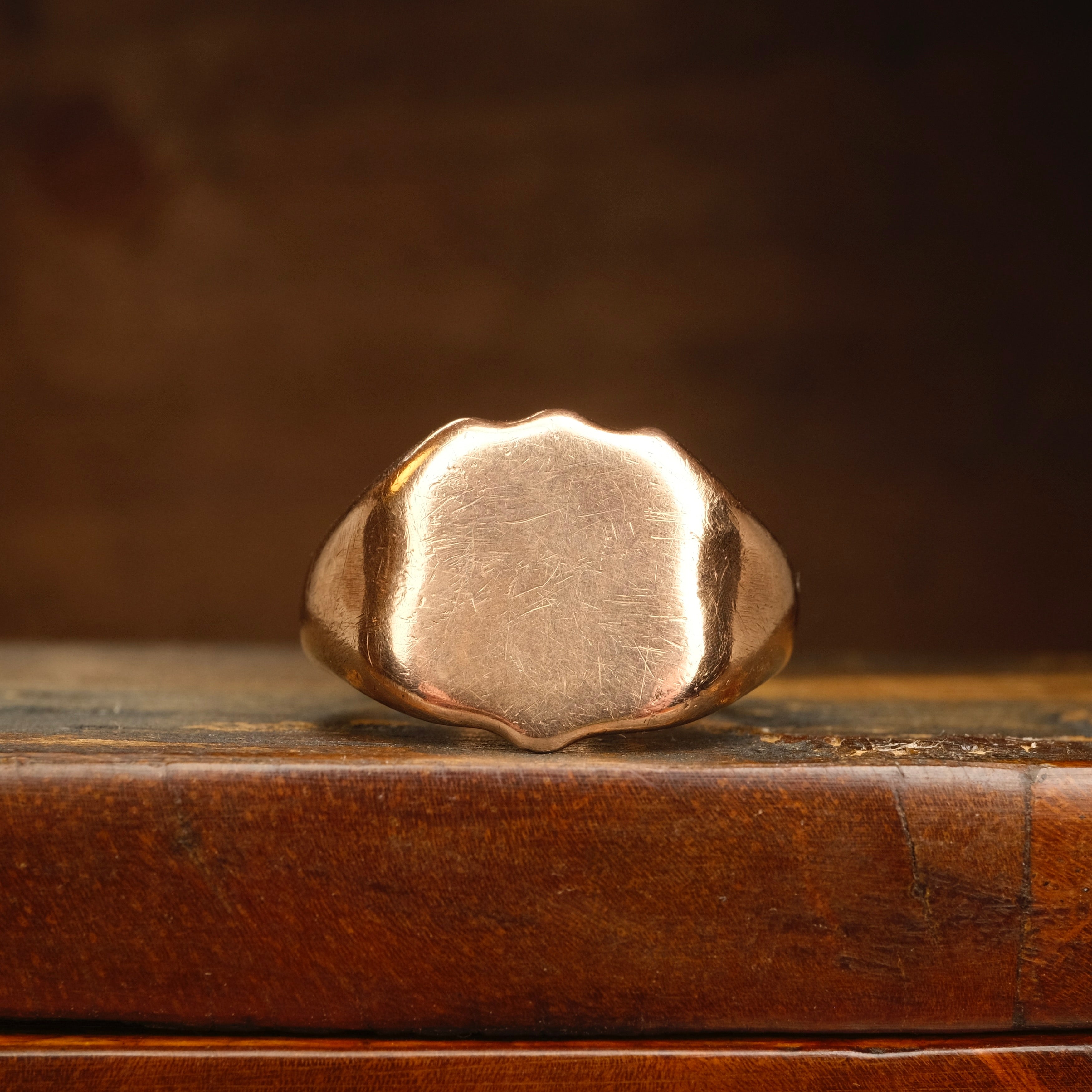 Antique 9ct Rose Gold Shield Signet Ring, Hallmarked in 1915