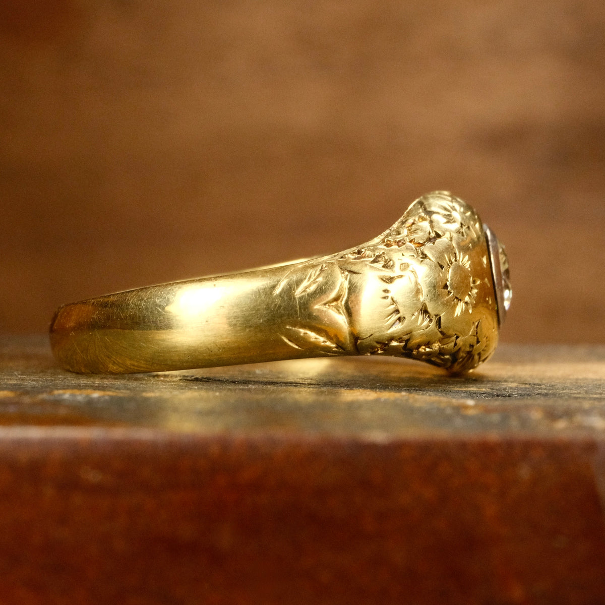 Antique 18ct Gold, Old European Cut Diamond, Forget me nots, Gypsy Set Solitaire Ring
