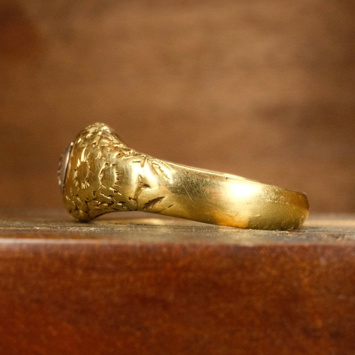 Antique 18ct Gold, Old European Cut Diamond, Forget me nots, Gypsy Set Solitaire Ring