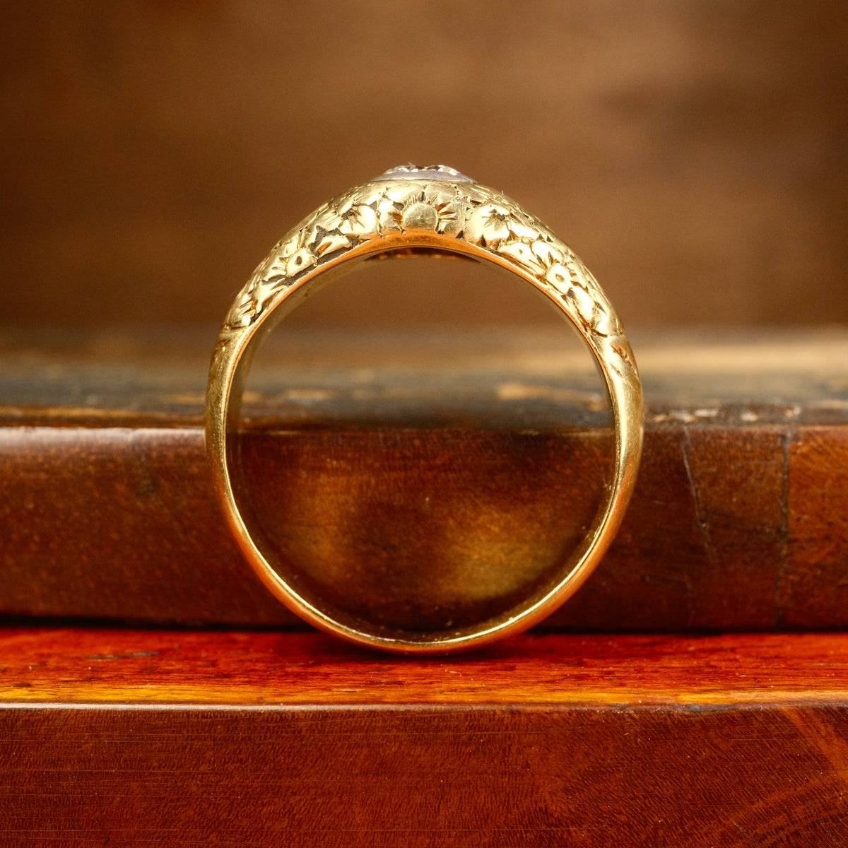 Antique 18ct Gold, Old European Cut Diamond, Forget me nots, Gypsy Set Solitaire Ring