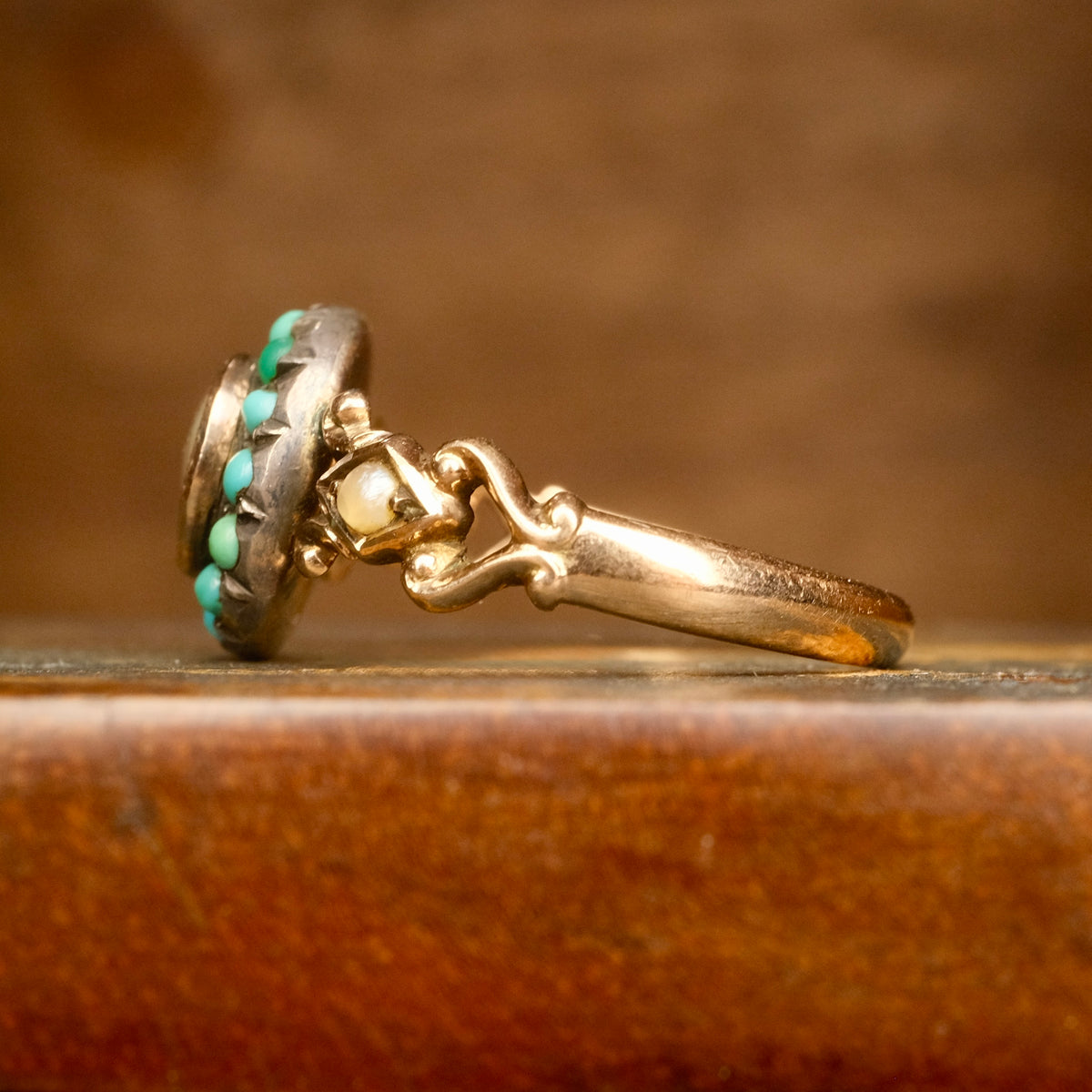 Antique Early Victorian Gold, Silver, Turquoise & Pearl Cluster Ring