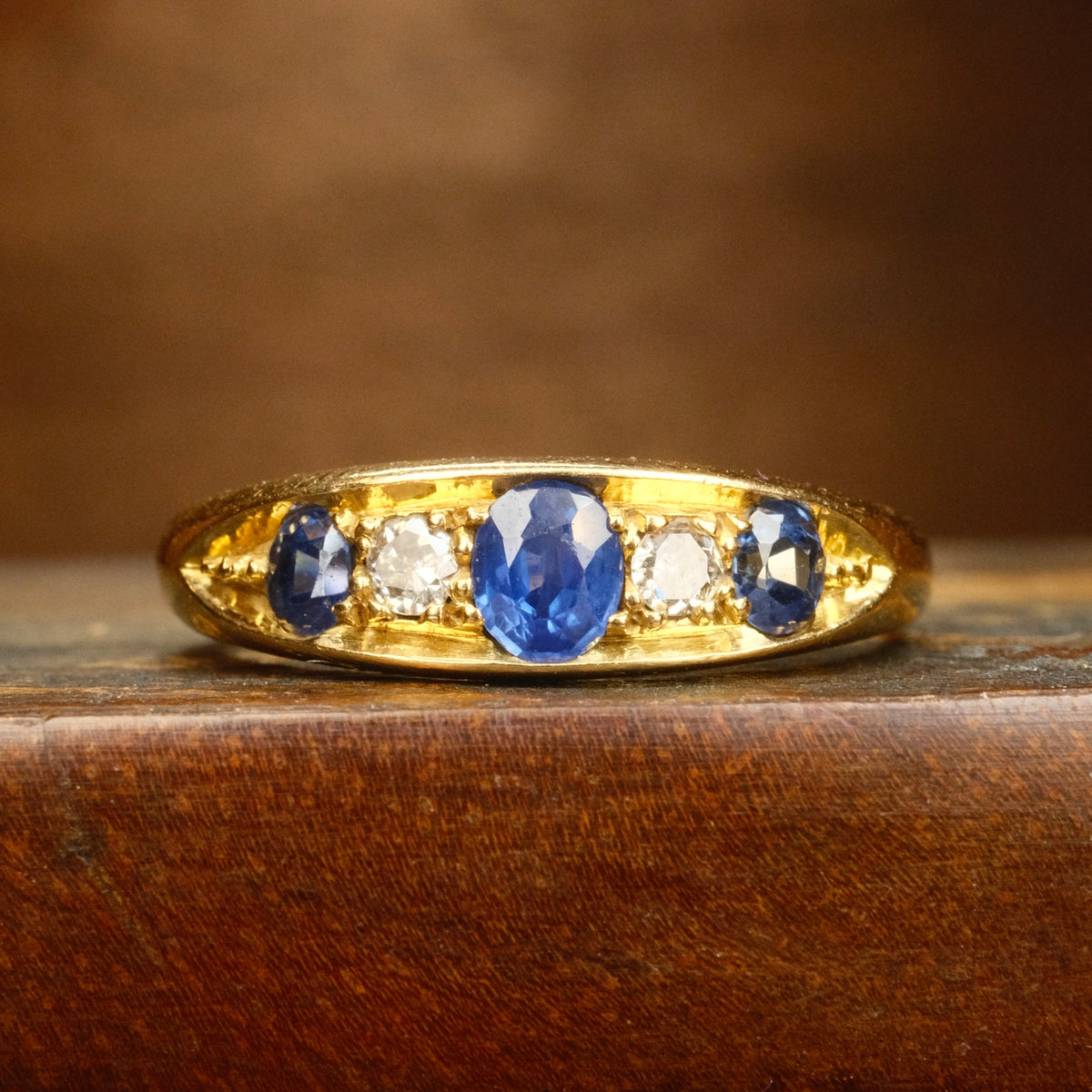 Antique, 18ct Gold, Natural Sapphire & Old Cut Diamond Ring