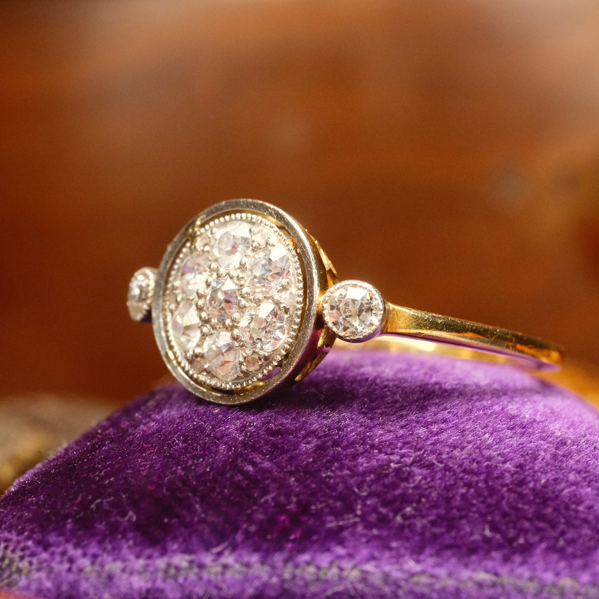 Antique 18ct Gold & Platinum Old cut Diamond Target Cluster Ring