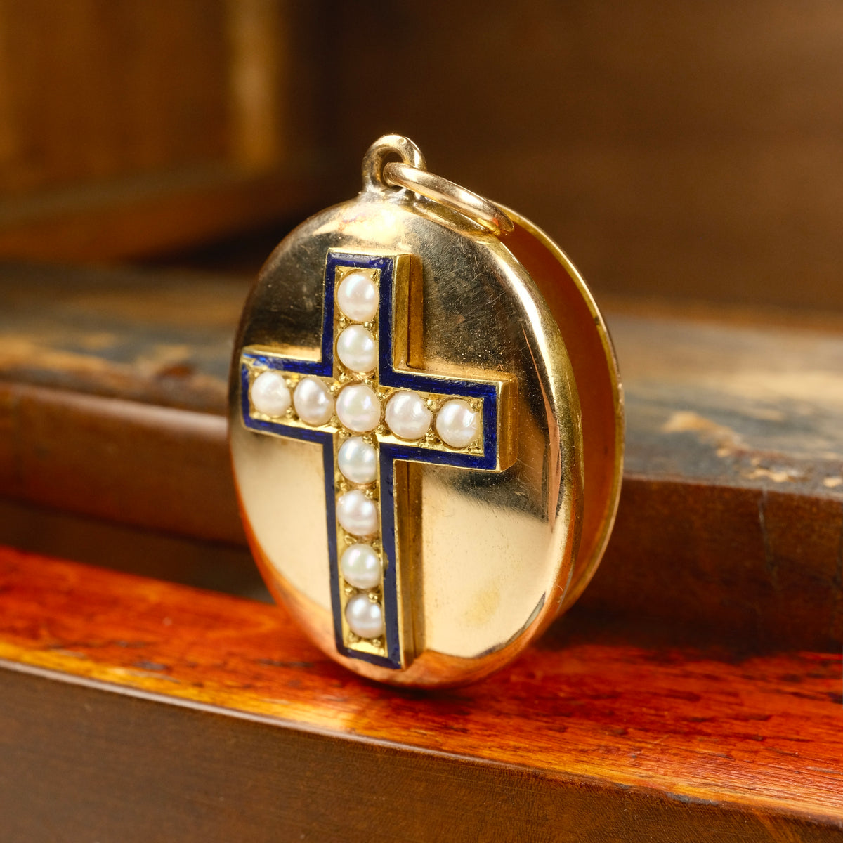 Antique, Victorian 9ct Gold Locket With Blue Enamel Cross & Split Pearls, 9 Grams