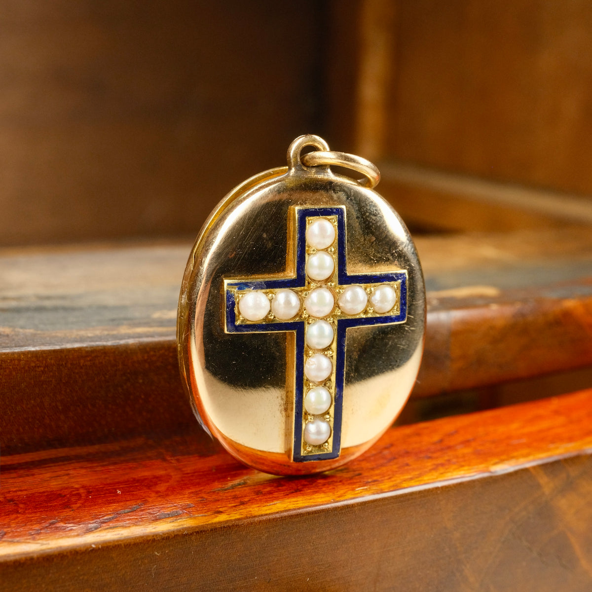 Antique, Victorian 9ct Gold Locket With Blue Enamel Cross & Split Pearls, 9 Grams