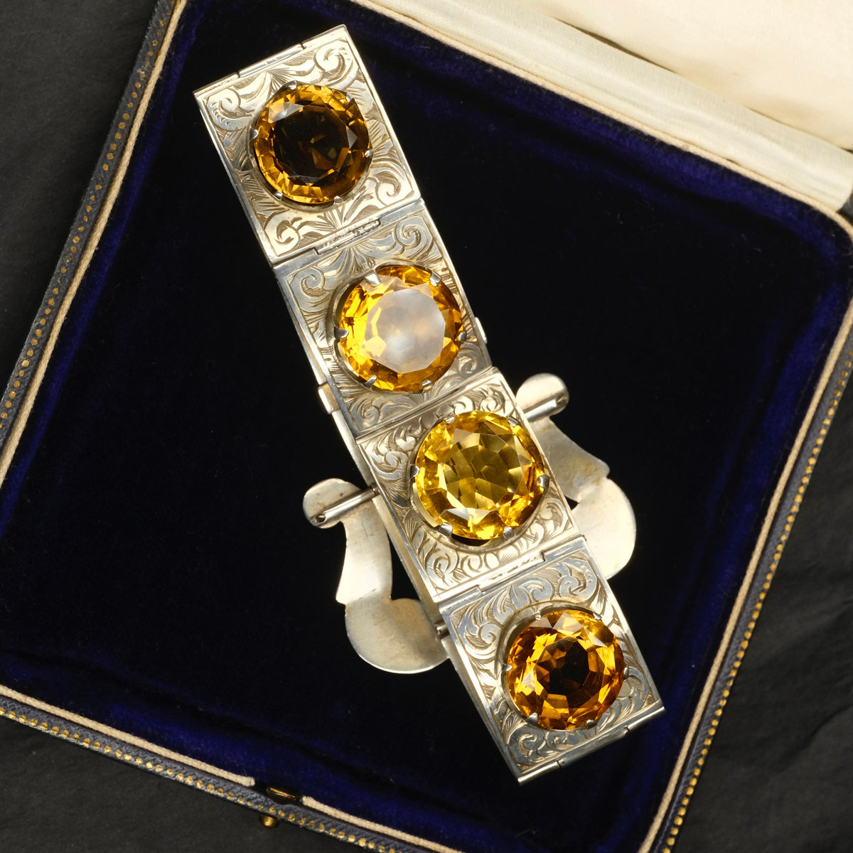 Victorian Hand Engraved Sterling Silver & Cairngorm Citrine Belt Buckle Bracelet c1880s