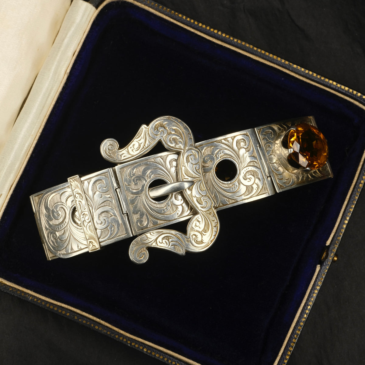 Victorian Hand Engraved Sterling Silver & Cairngorm Citrine Belt Buckle Bracelet c1880s