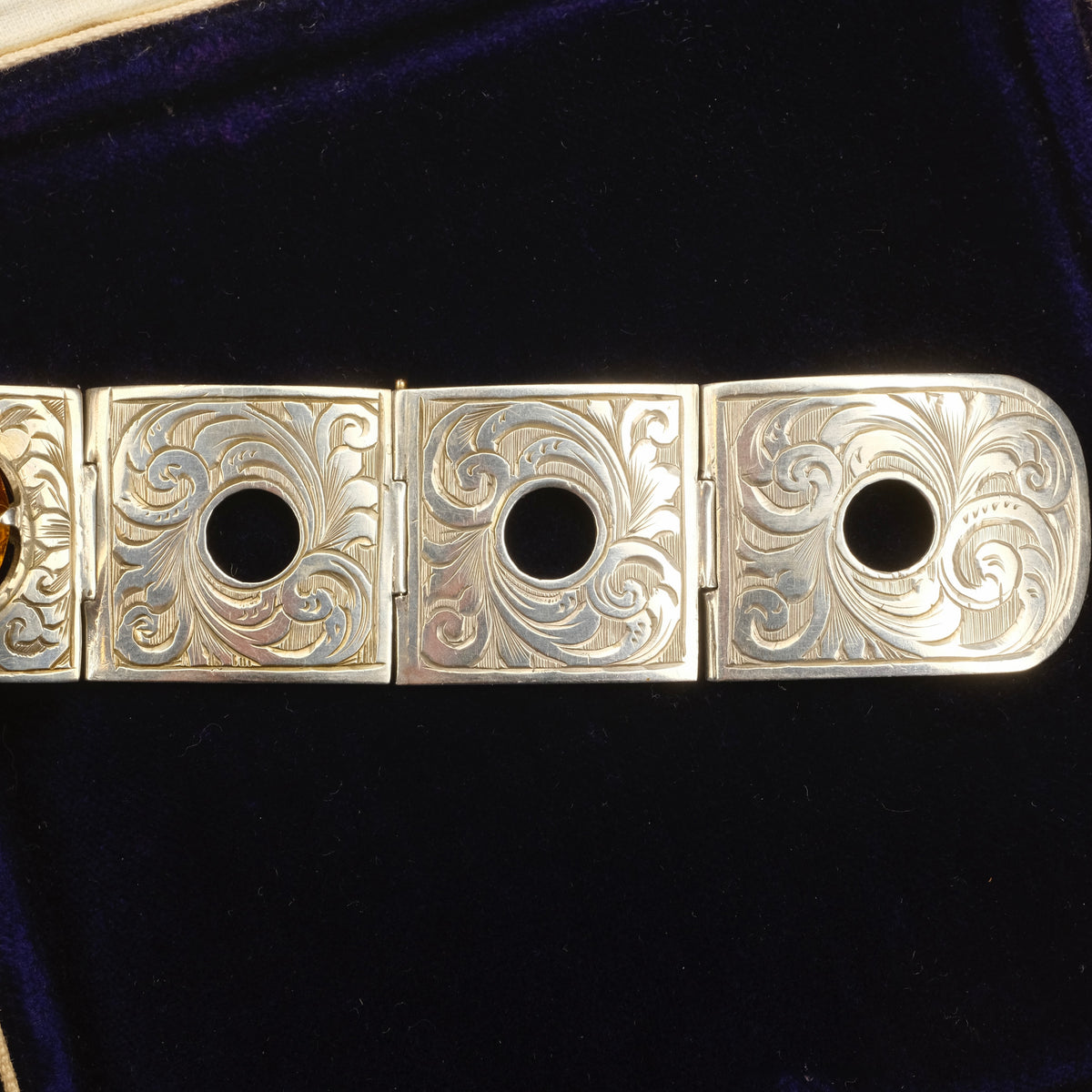 Victorian Hand Engraved Sterling Silver & Cairngorm Citrine Belt Buckle Bracelet c1880s