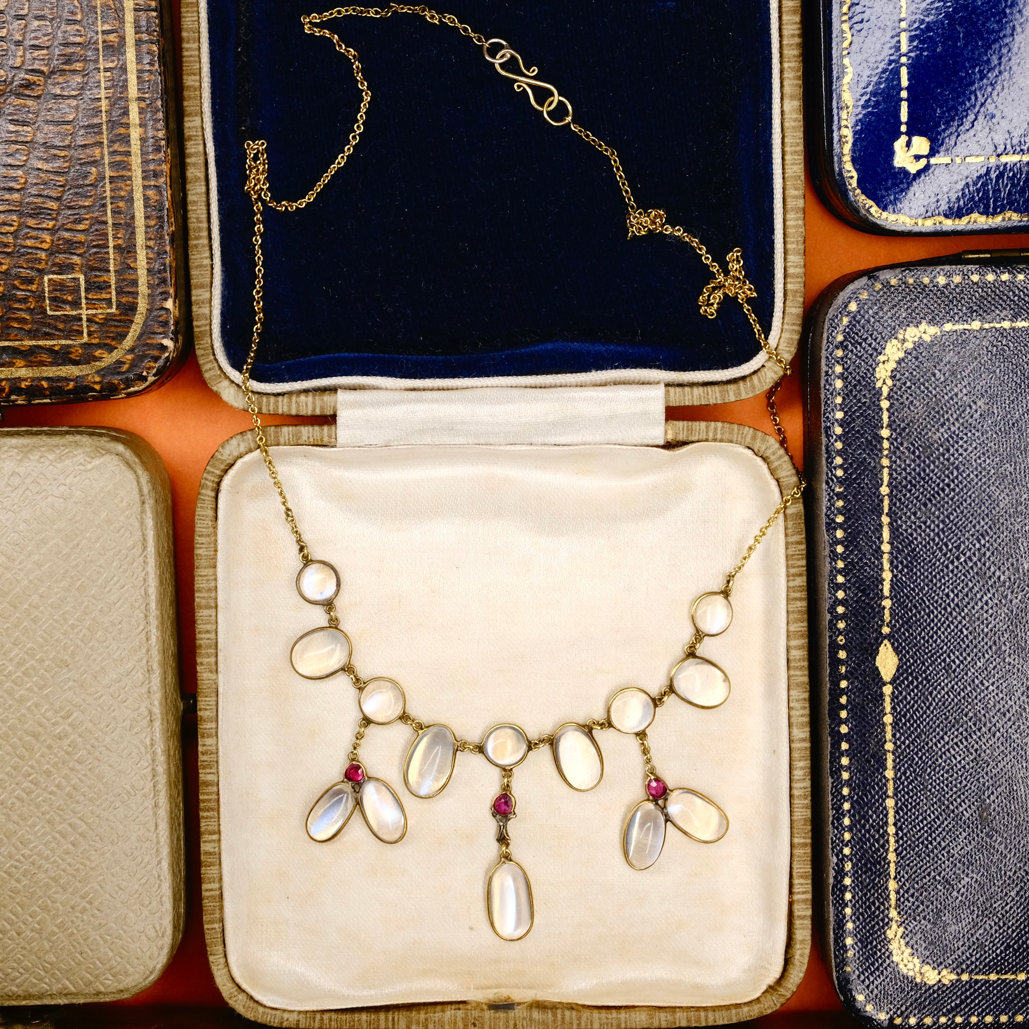 Antique 15ct Gold, Moonstone & Ruby Fringe Necklace