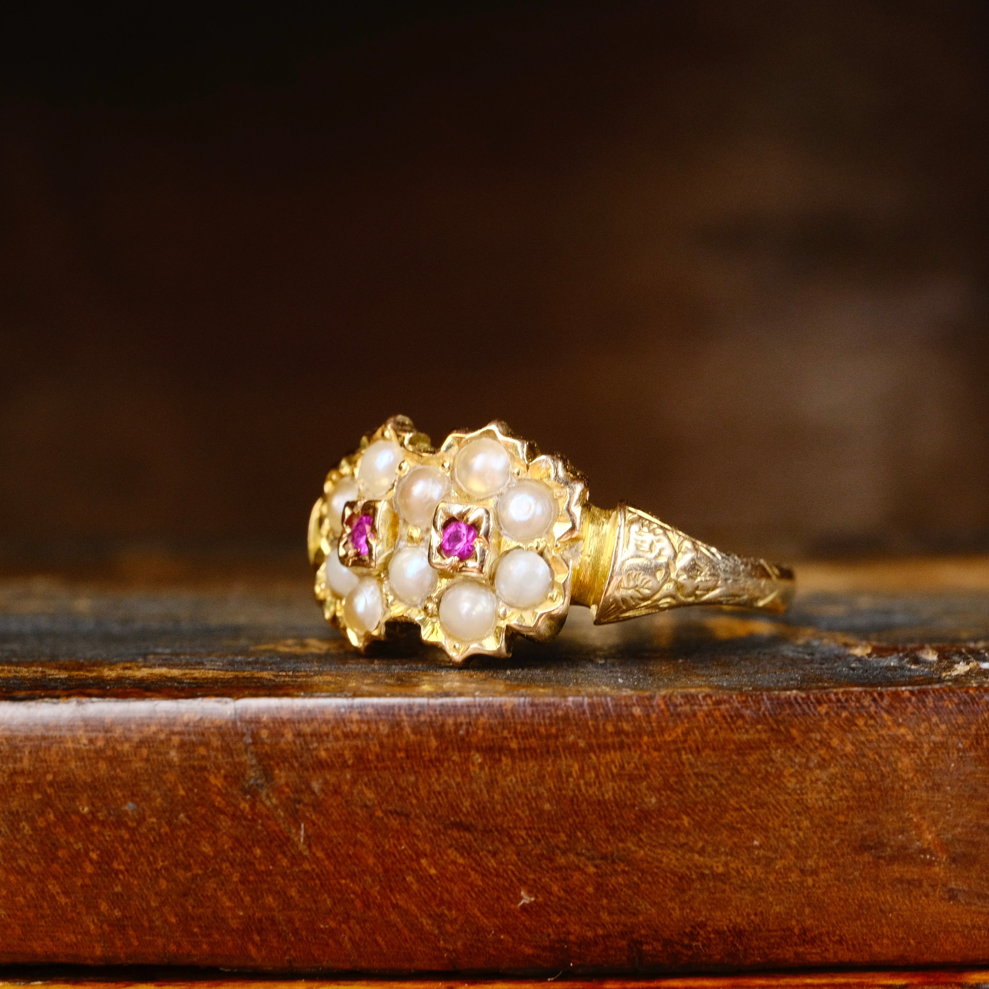 Antique 15ct Gold, Pearl & Ruby, Double Daisy Cluster Ring